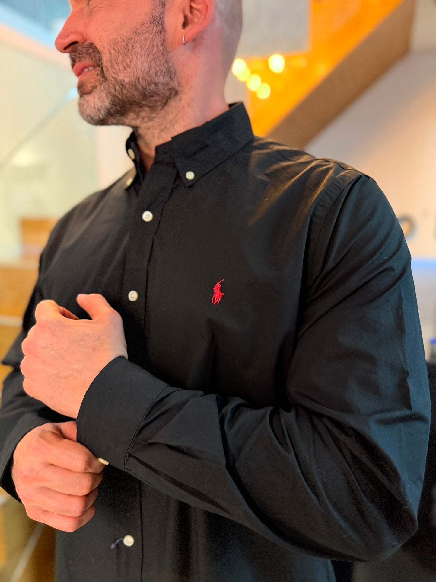 Camisa Polo R.L hombre Algodón Negra Caballo Rojo