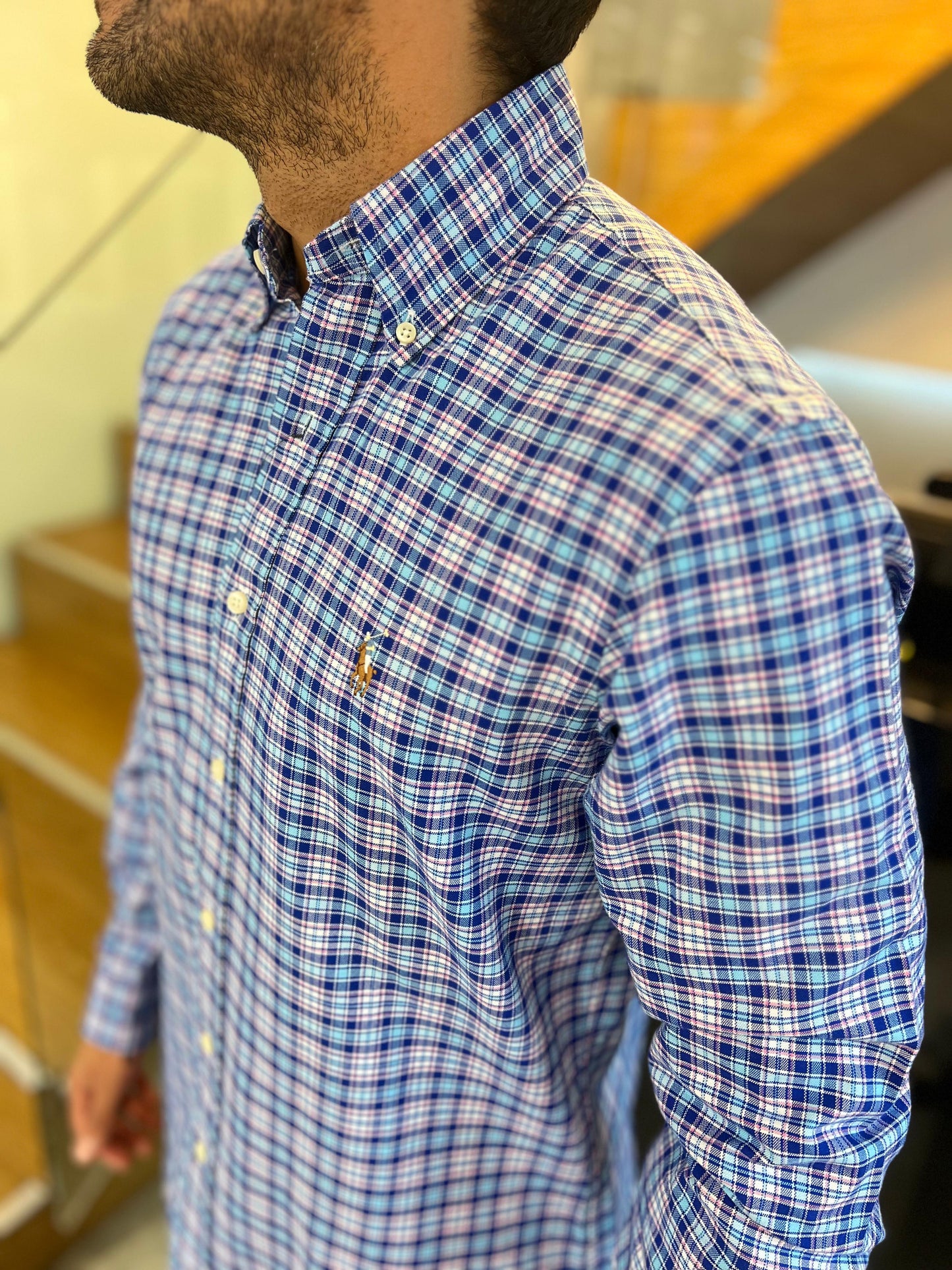 Camisa Polo R.L hombre Algodón Cuadros Azules Caballo Multicolor