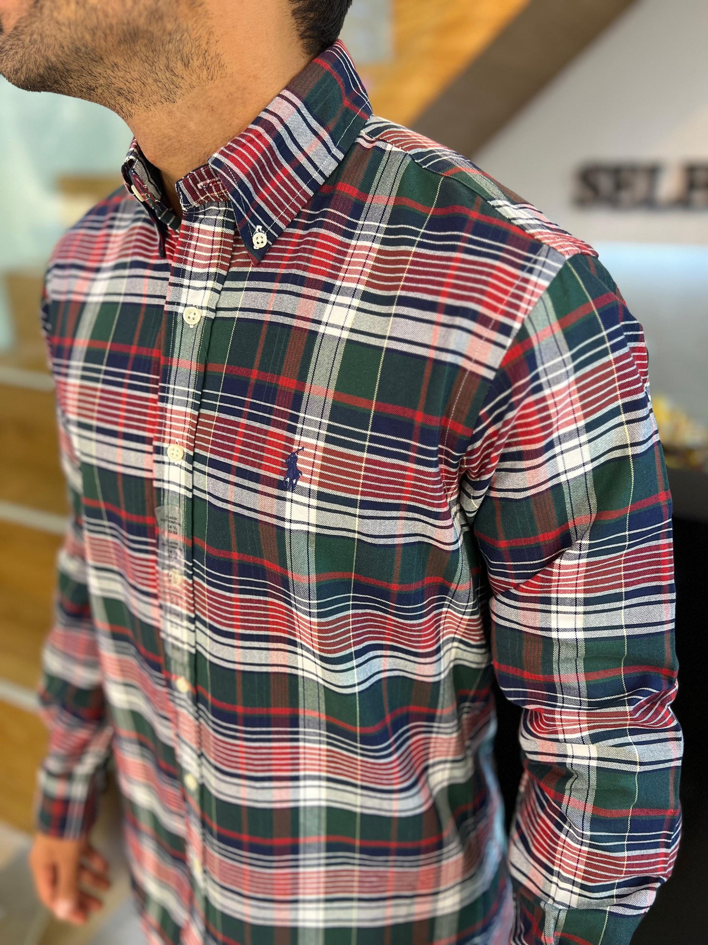 Camisa Polo R.L hombre Oxford Cuadros Caballo Azul