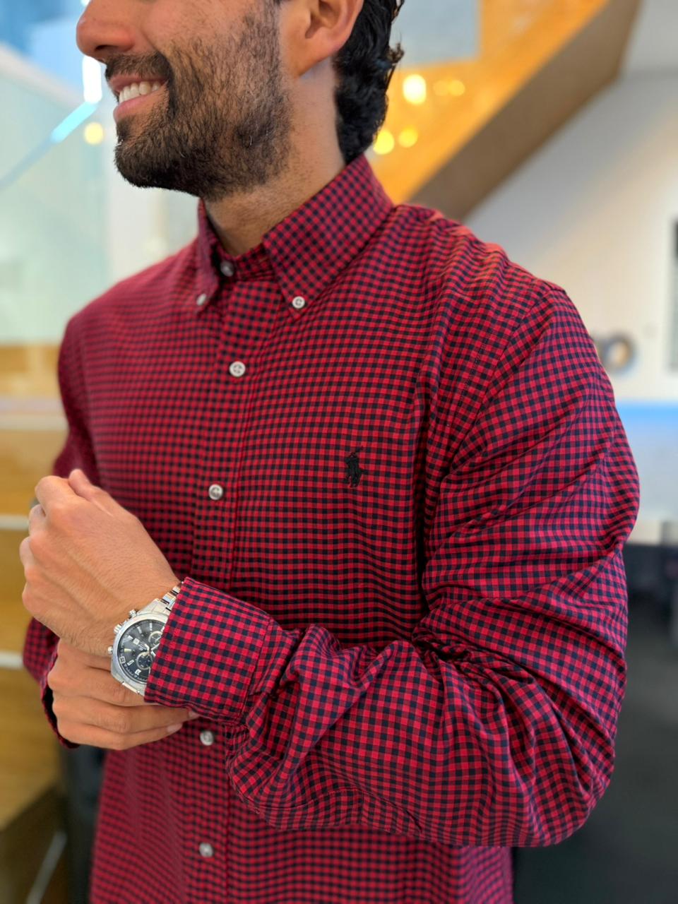 Camisa Polo R.L hombre Algodón Cuadros Rojos Con Negro Caballo Negro