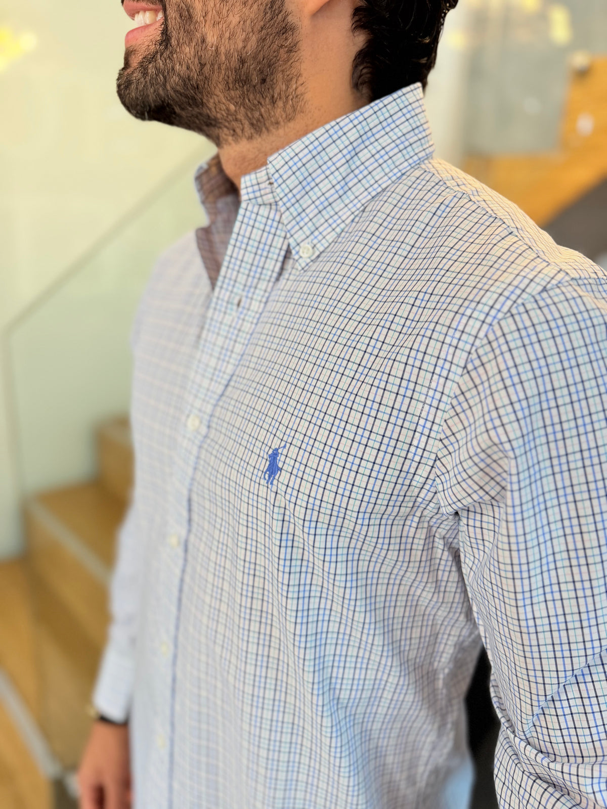 Camisa Polo R.L hombre Algodón Cuadros Blancos Caballo Celeste