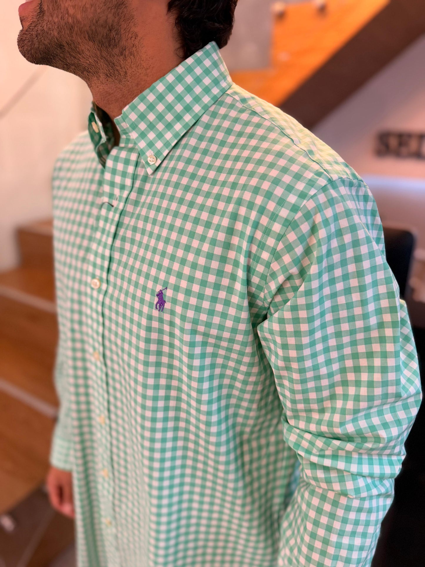 Camisa Polo R.L hombre Algodón Cuadros Verdes Caballo Morado