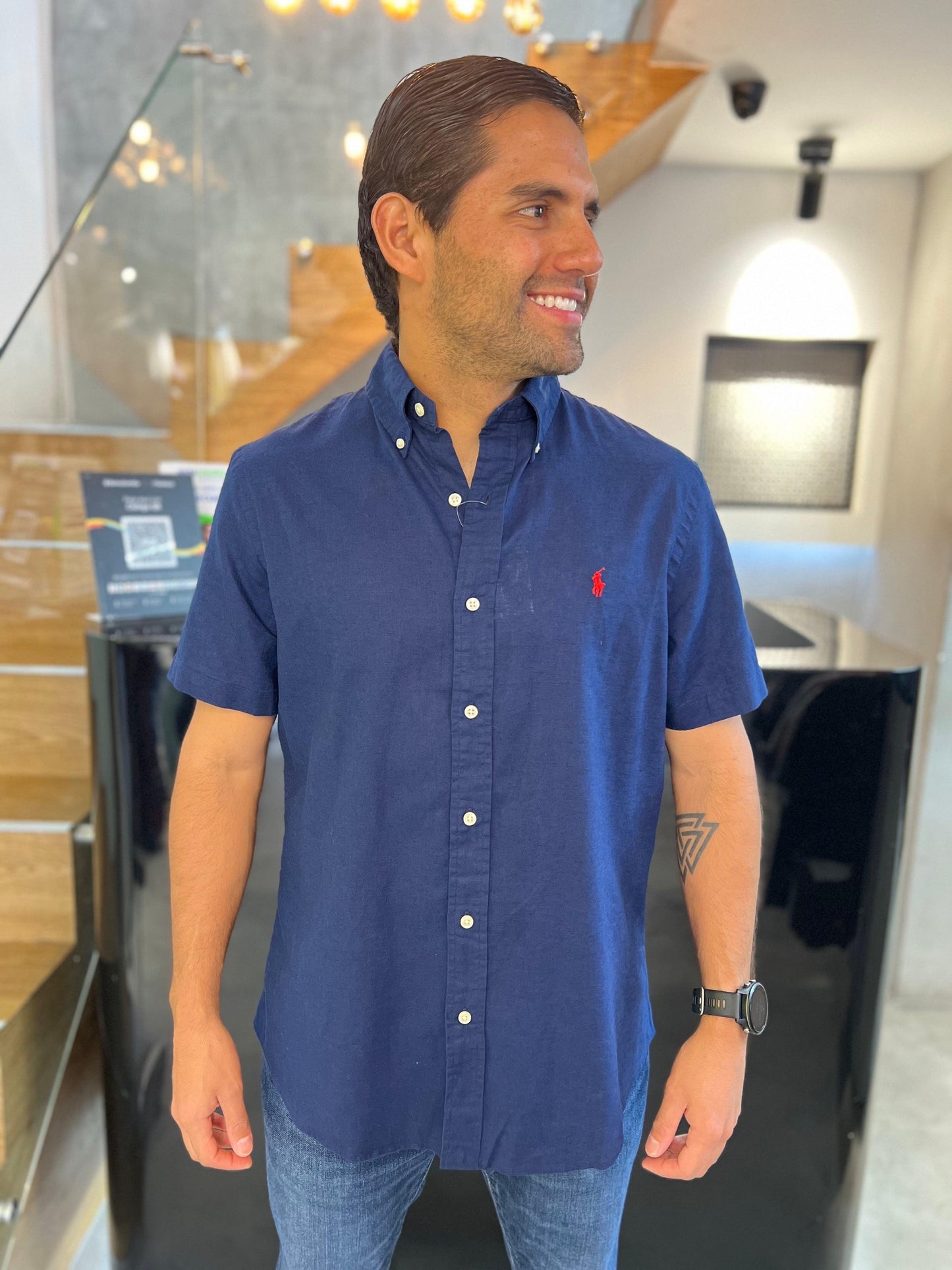 Camisa Polo R.L hombre Azul Manga Corta Lino