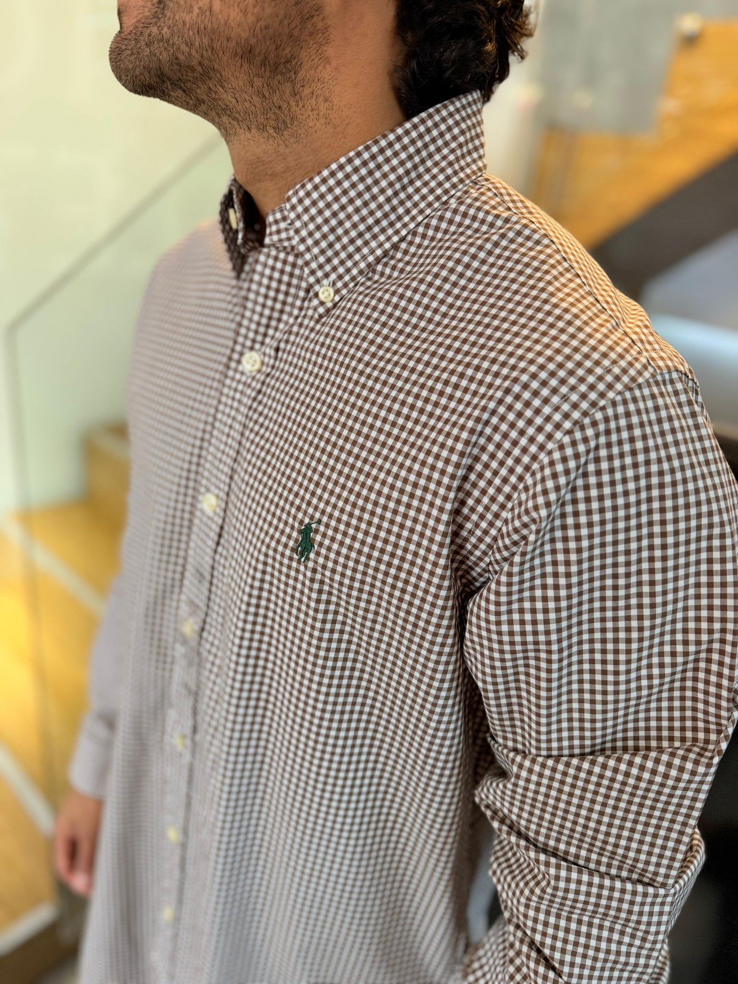 Camisa Polo R.L hombre Algodón Cuadros Cafe Caballo Verde