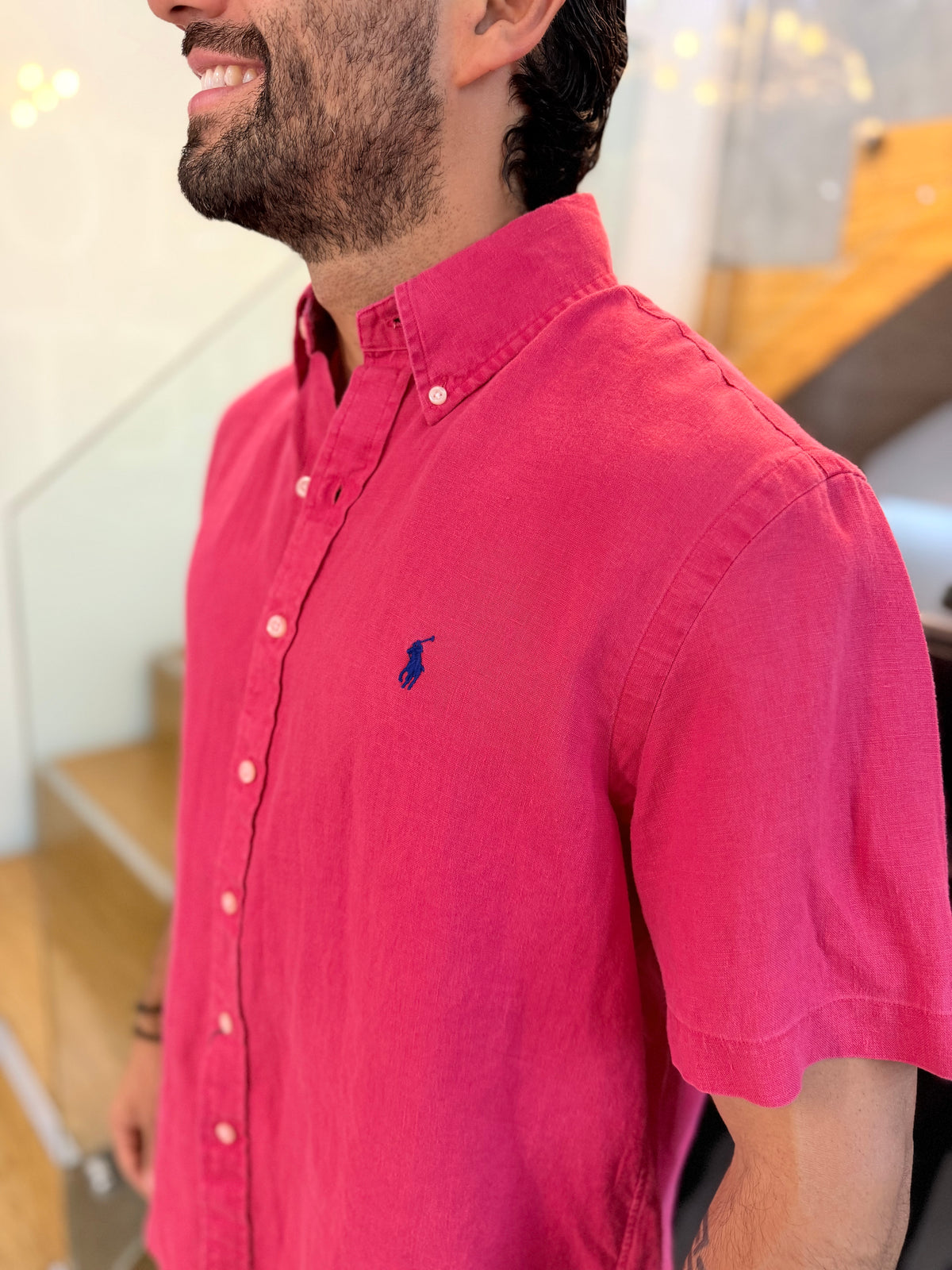 Camisa Polo R.L hombre Manga Corta Lino Fucsia Caballo Azul