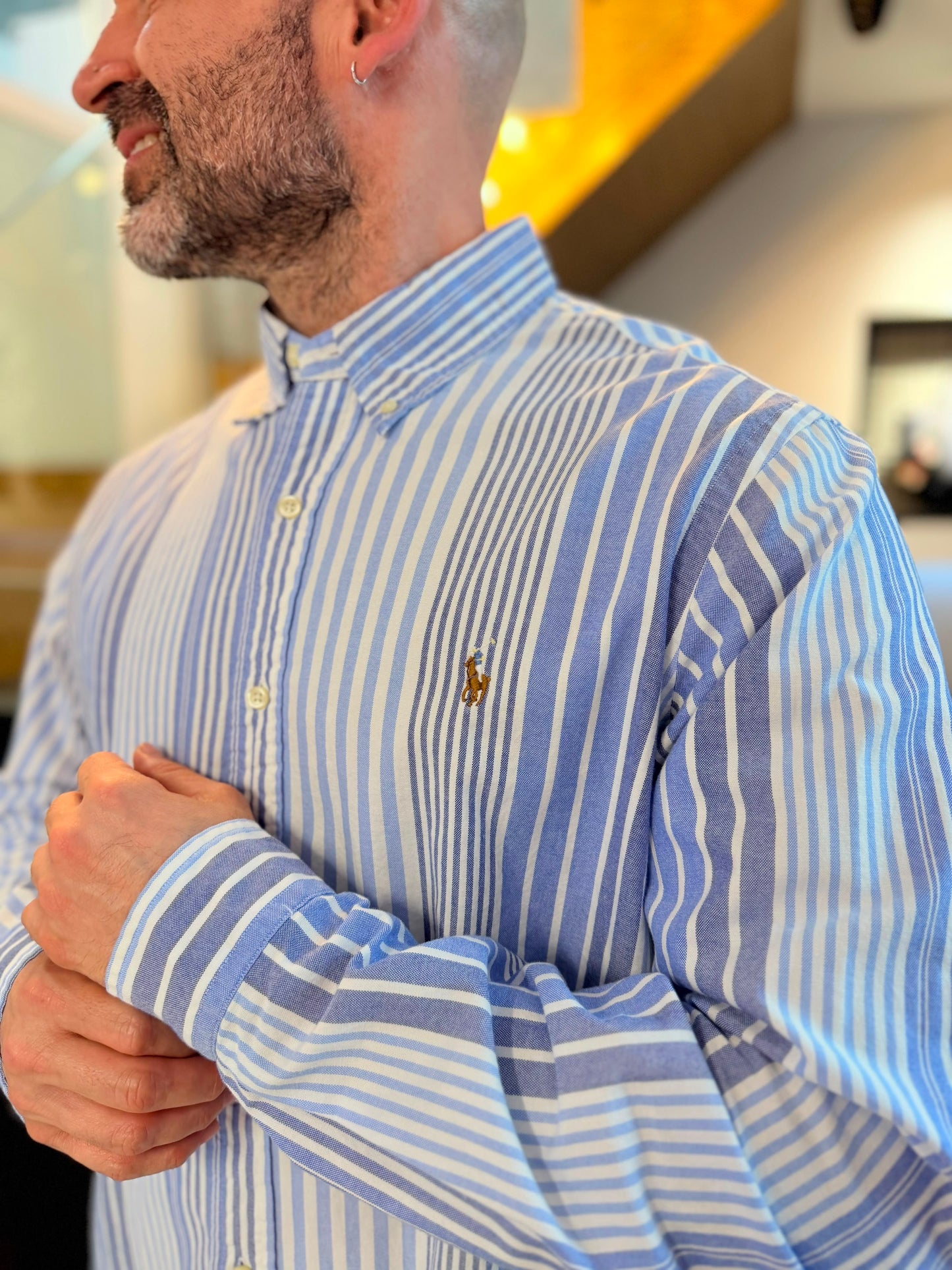 Camisa Polo R.L hombre Oxford Rayas Azules Con Blanco Caballo Multicolor