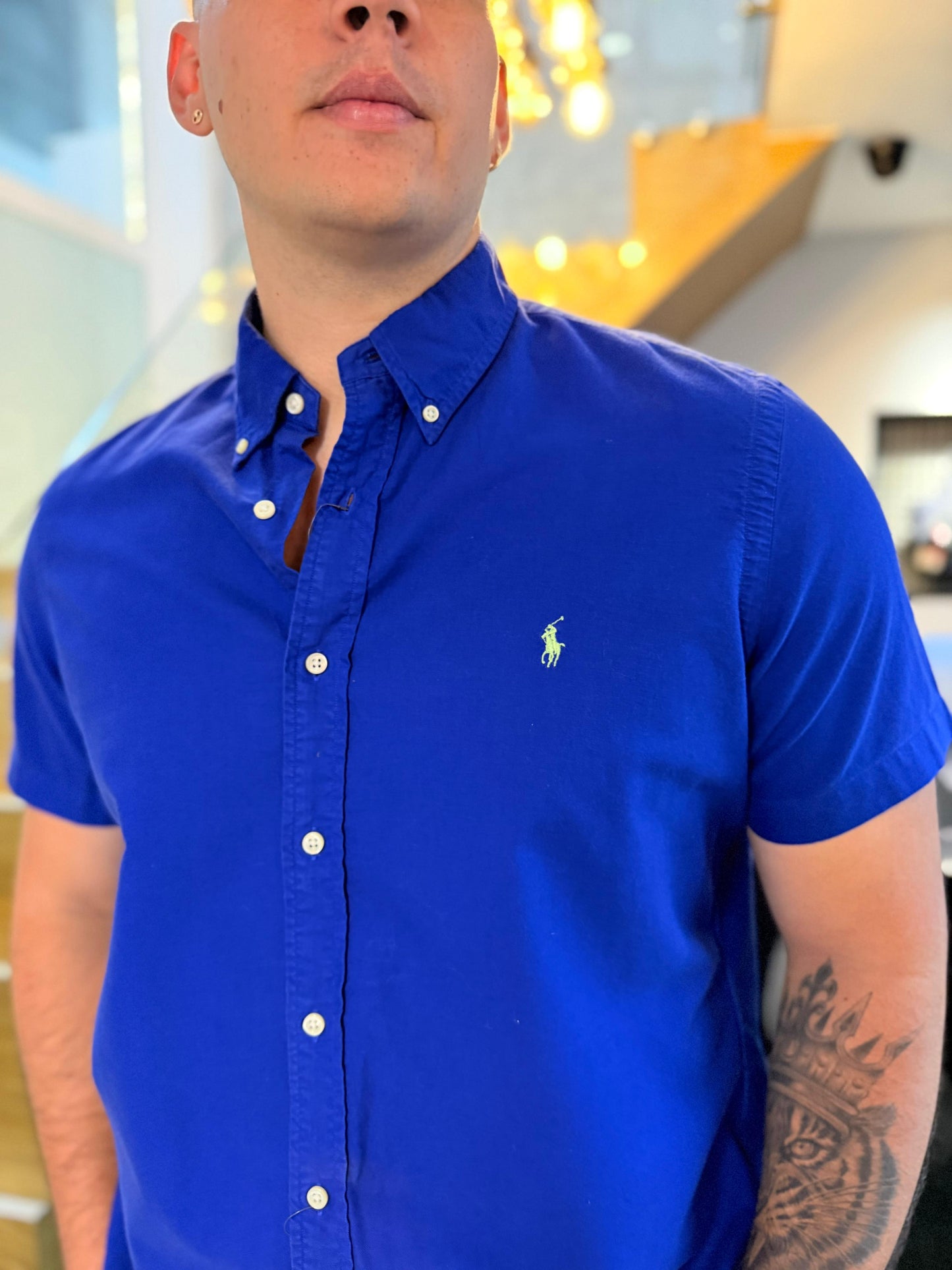 Camisa Polo R.L hombre Oxford Manga Corta Azul Caballo Verde
