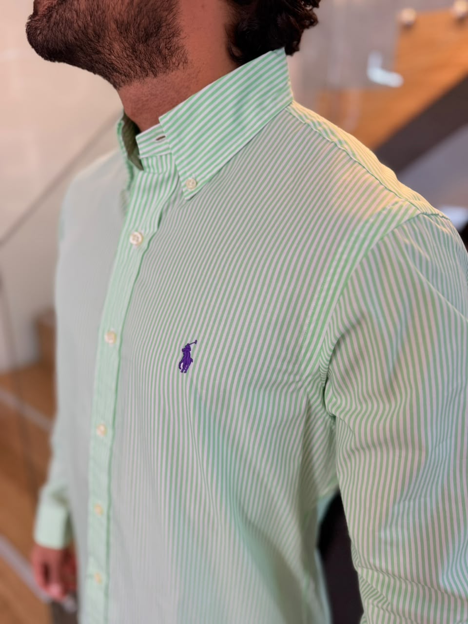 Camisa Polo R.L hombre Algodón Rayas Verdes Limón Con Blanco Caballo Morado