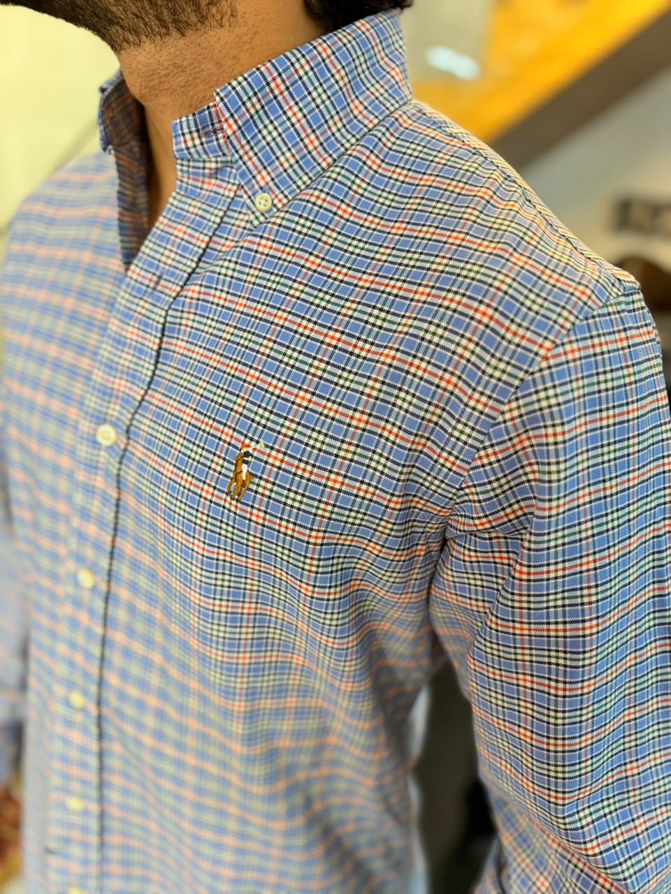 Camisa Polo R.L hombre Oxford Cuadros Celestes Caballo Multicolor
