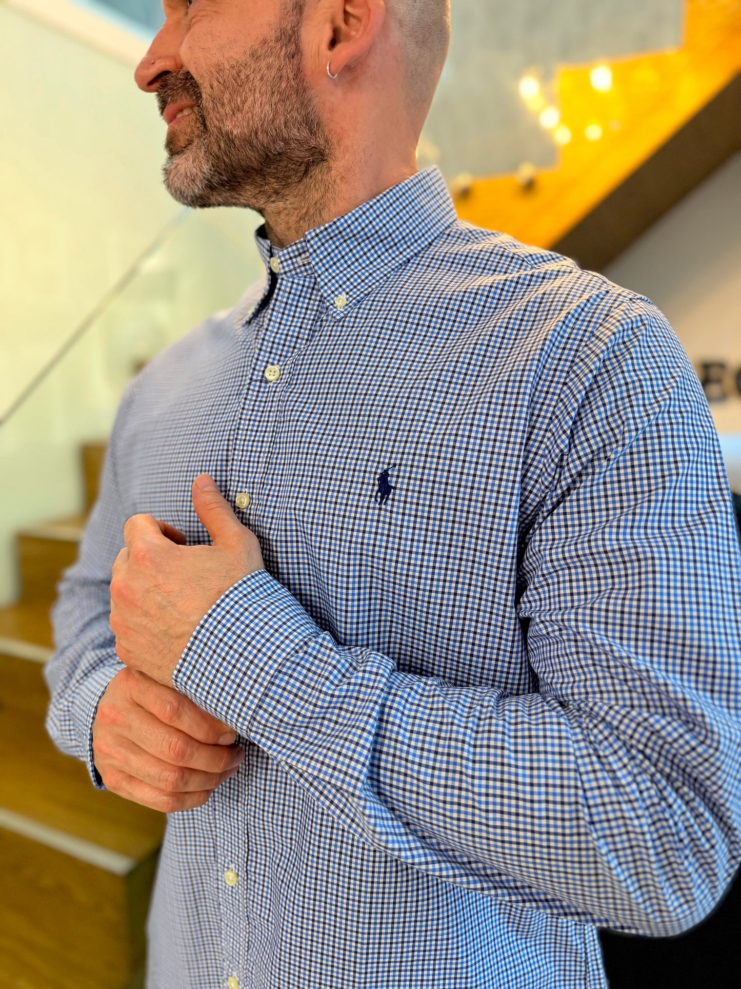 Camisa Polo R.L hombre Algodón Cuadros Azules Caballo Azul