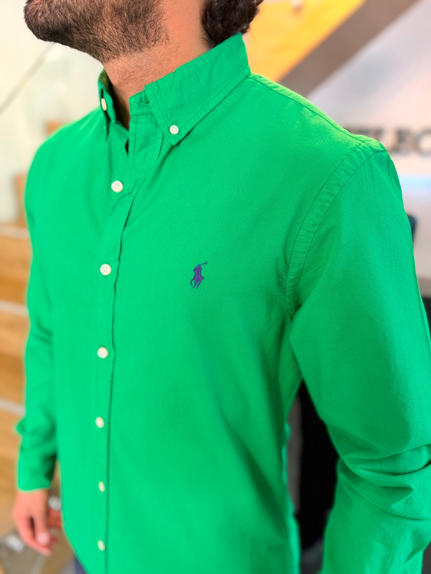 Camisa Polo R.L hombre Oxford Verde Caballo Uva