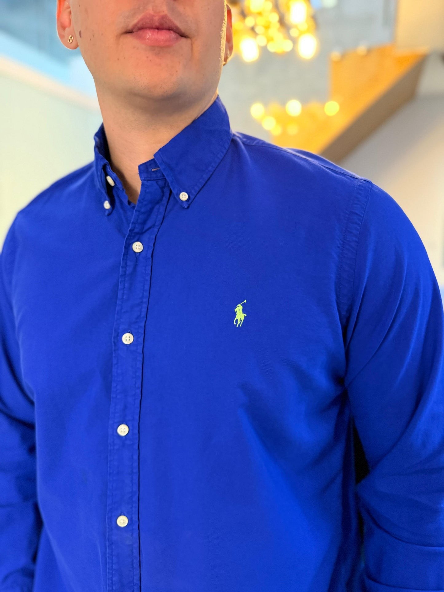 Camisa Polo R.L hombre Oxford Azul Caballo Verde