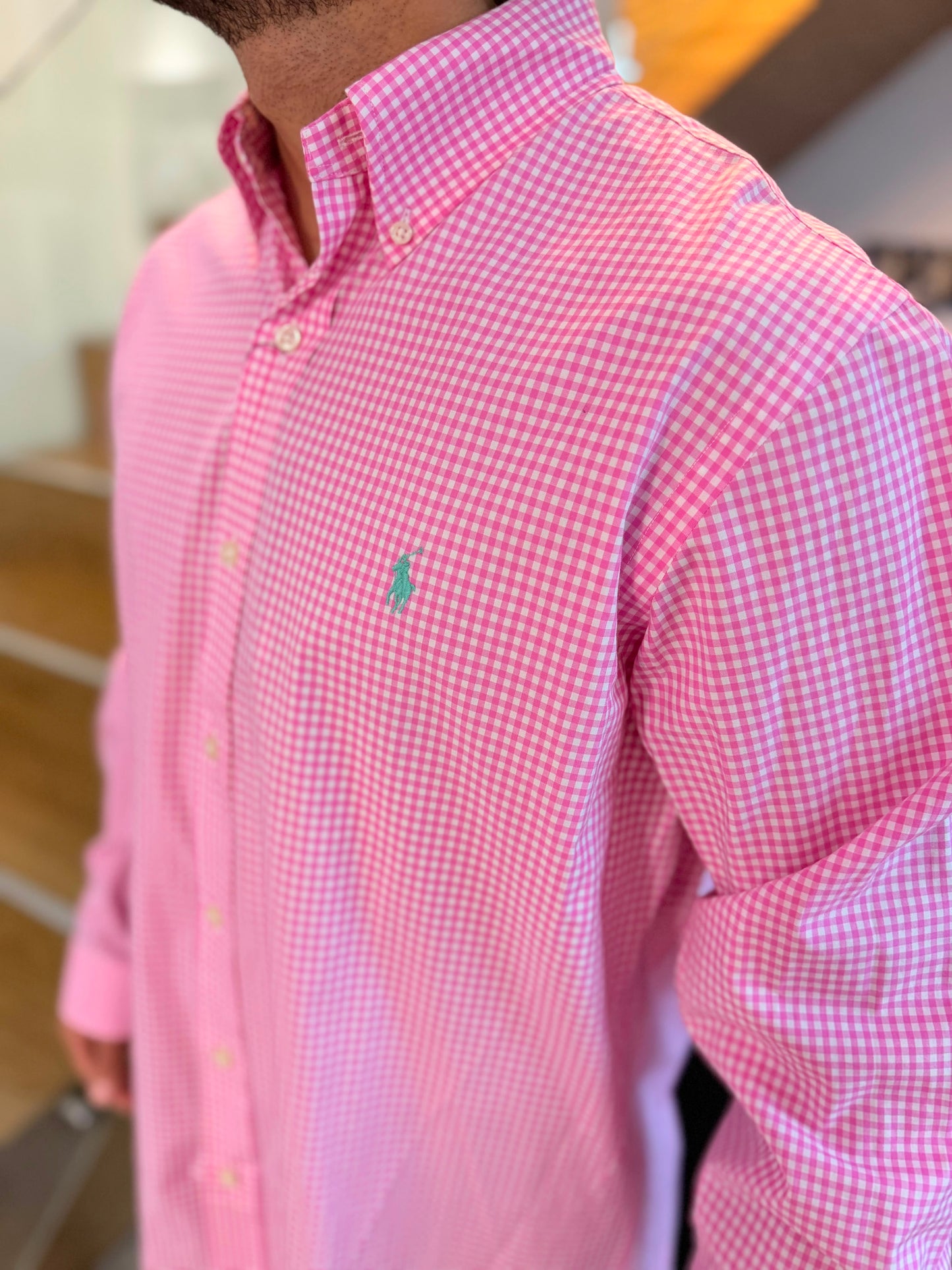 Camisa Polo R.L hombre Algodón Cuadros Rosados Con Blanco Caballo Verde Menta