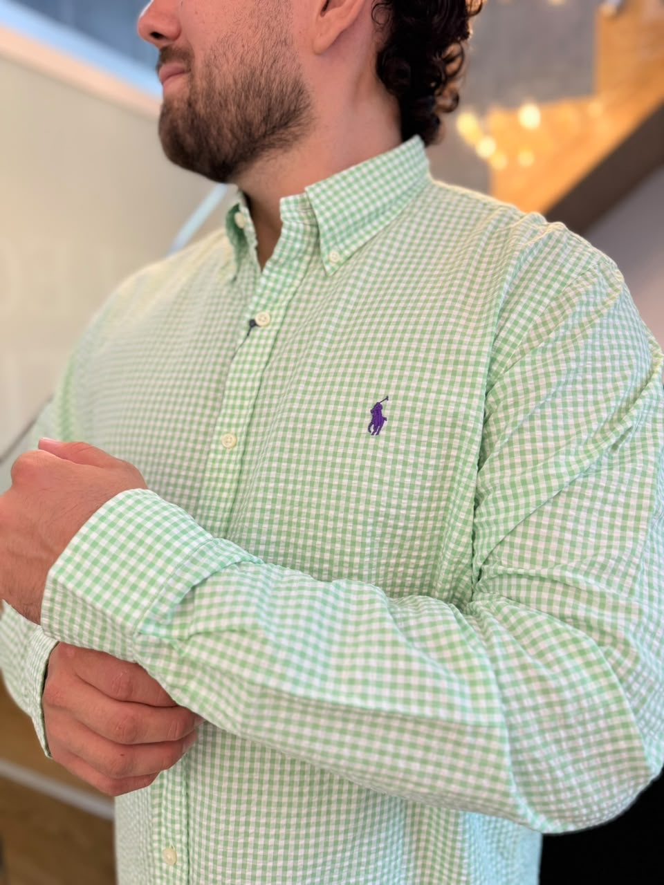 Camisa Polo R.L hombre Galleta Cuadros Verdes Caballo Morado