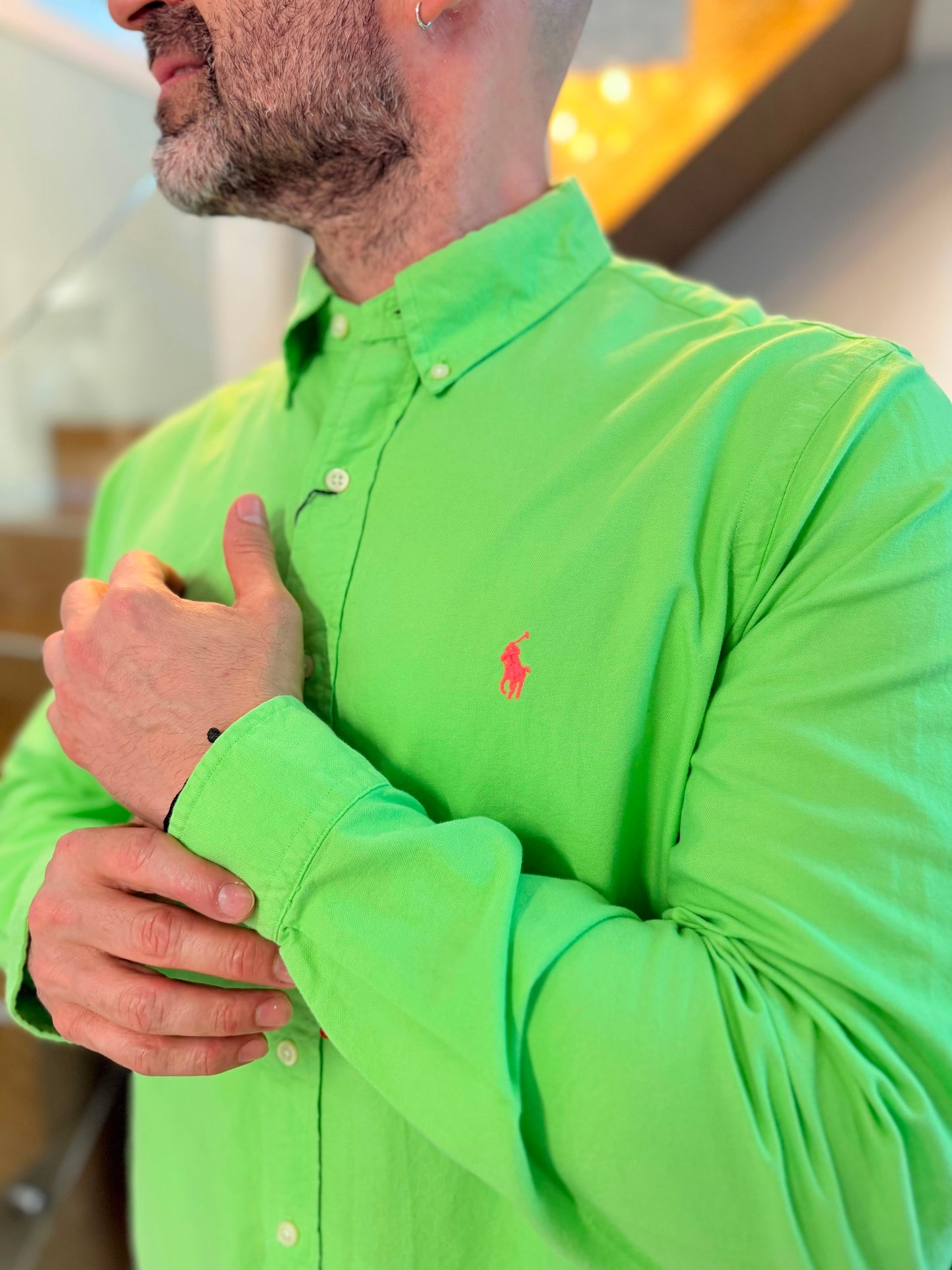 Camisa Polo R.L hombre Oxford Verde Limón Caballo Rosa Neon