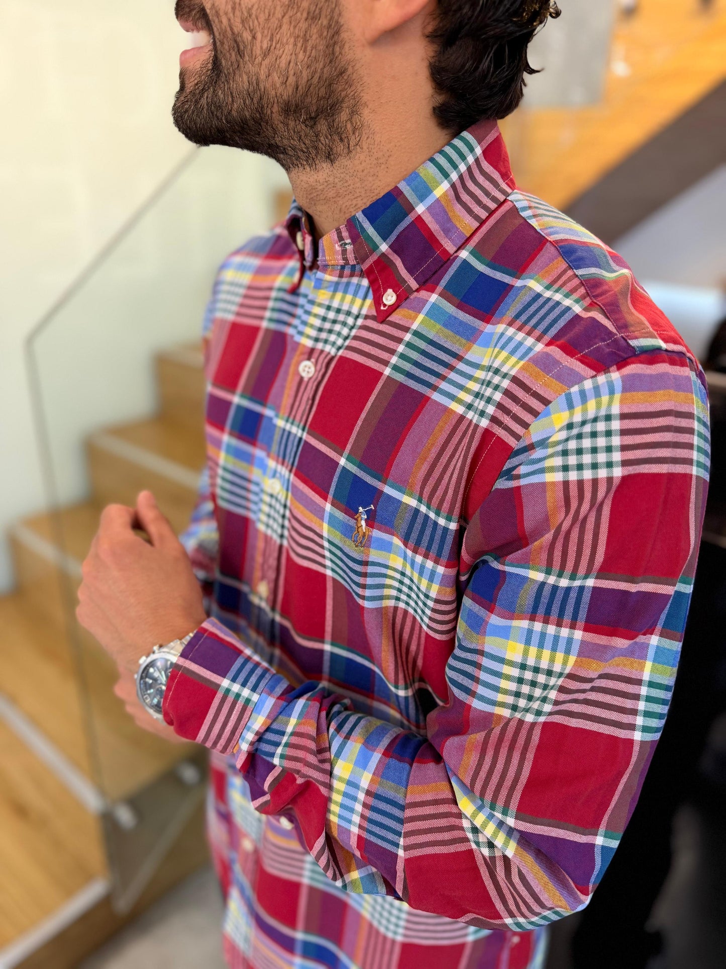 Camisa Polo R.L hombre Oxford Cuadros Rojos Caballo Multicolor