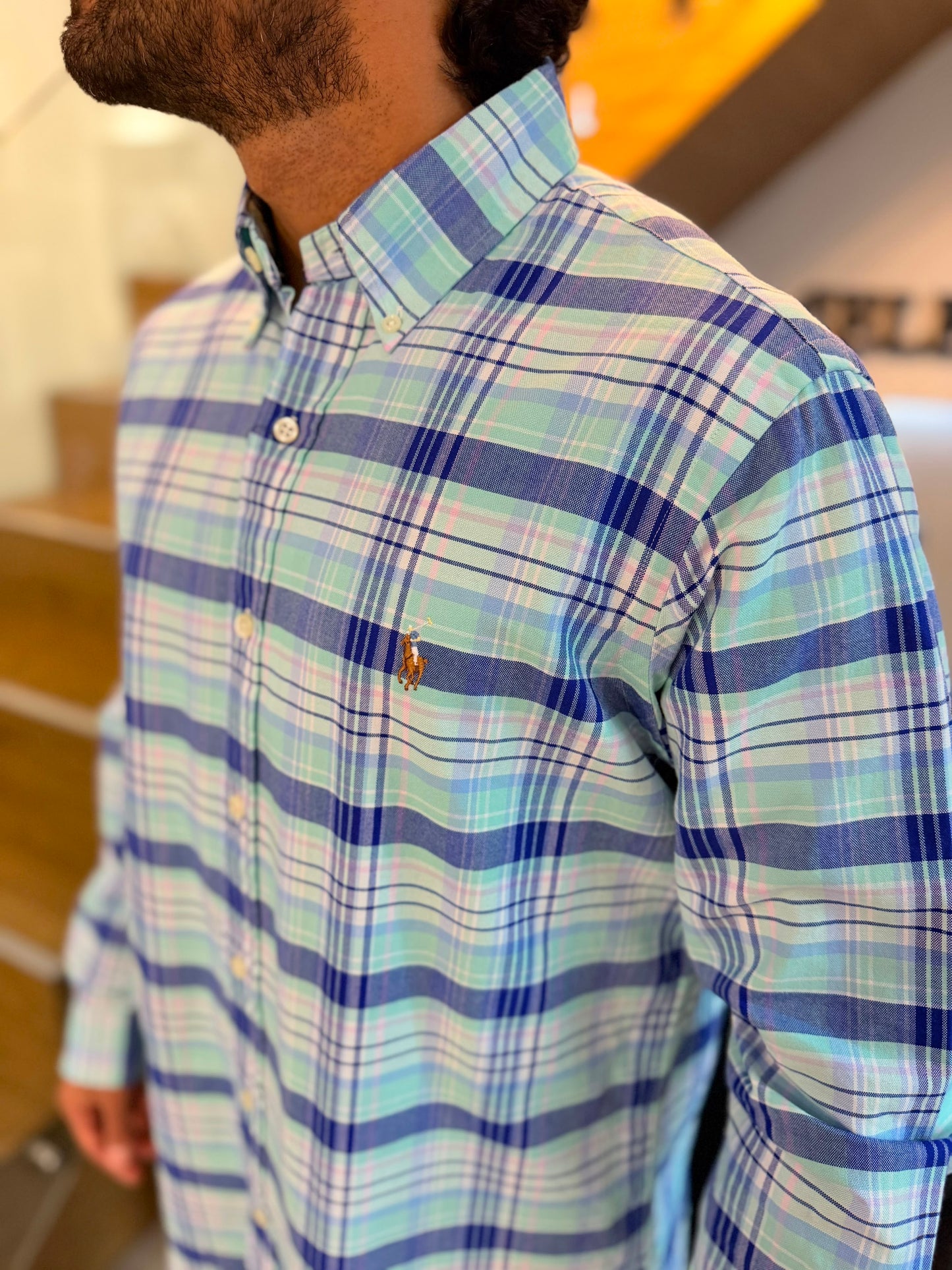 Camisa Polo R.L hombre Oxford Cuadros Agua Marina Caballo Multicolor