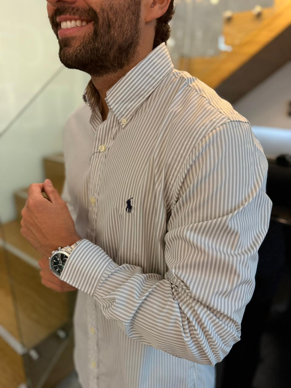 Camisa Polo R.L hombre Custom Fit Algodón Rayas Grises Con Blanco Caballo Azul
