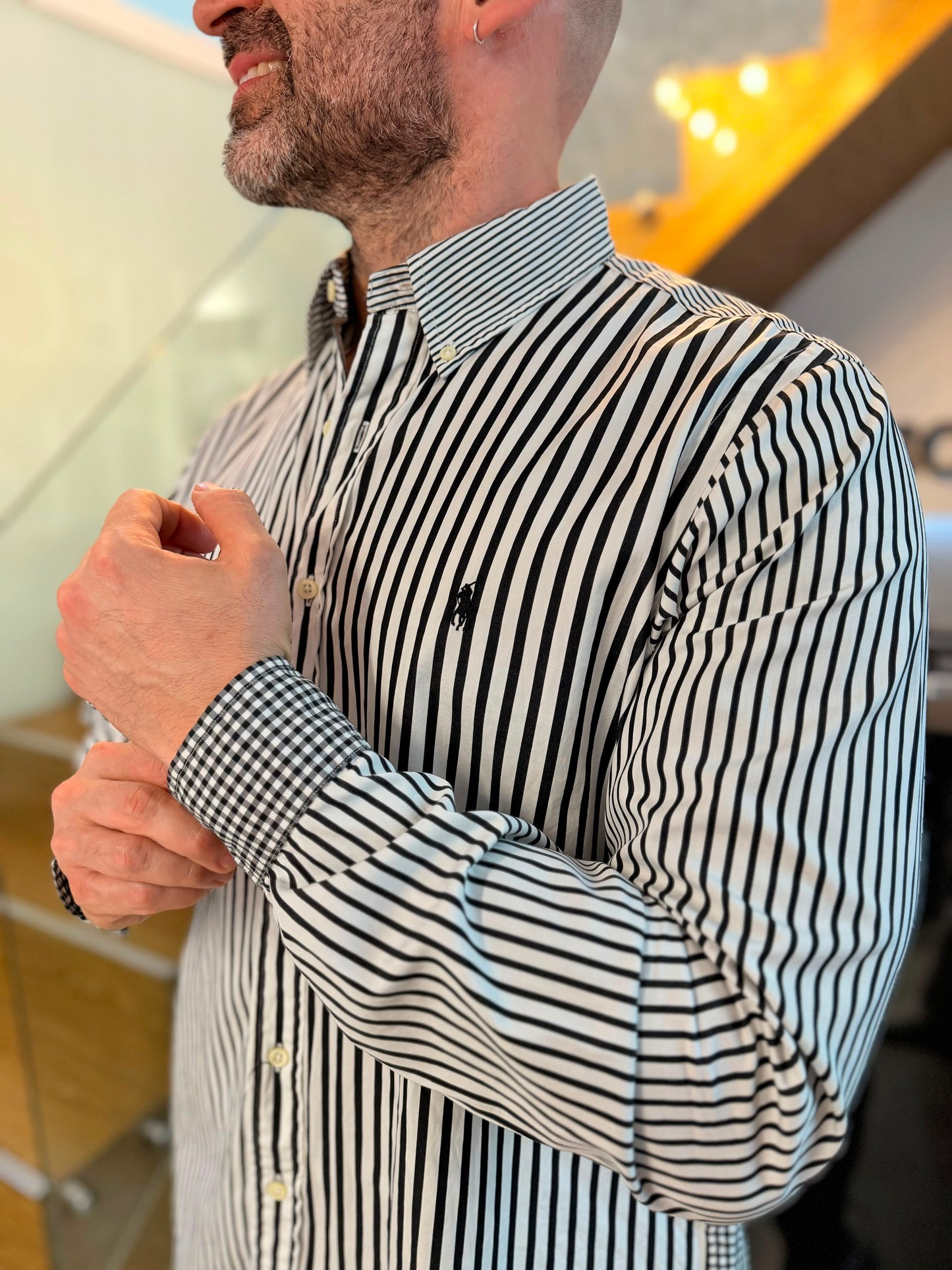 Camisa Polo R.L hombre Algodón Rayas Y Cuadros Negros Con Blanco Caballo Negro