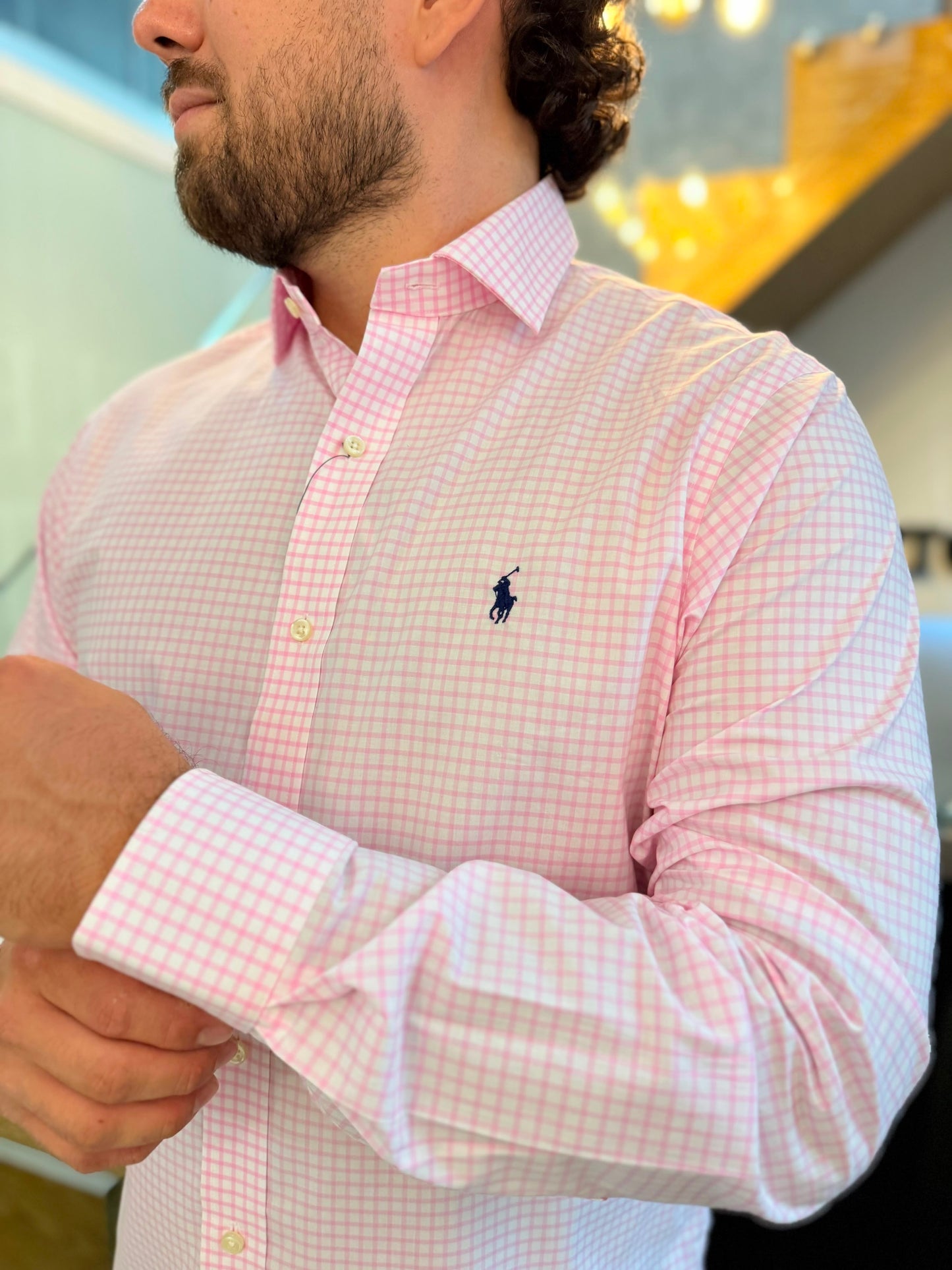 Camisa Polo R.L hombre Algodón Custom Fit Cuadros Blancos Caballo Azul