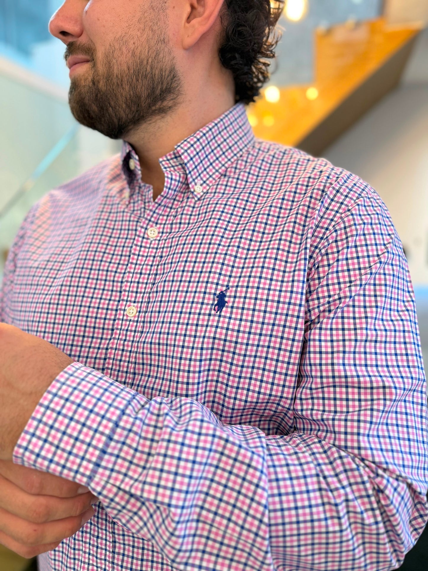 Camisa Polo R.L hombre Algodon Cuadros Rosados Caballo Azul