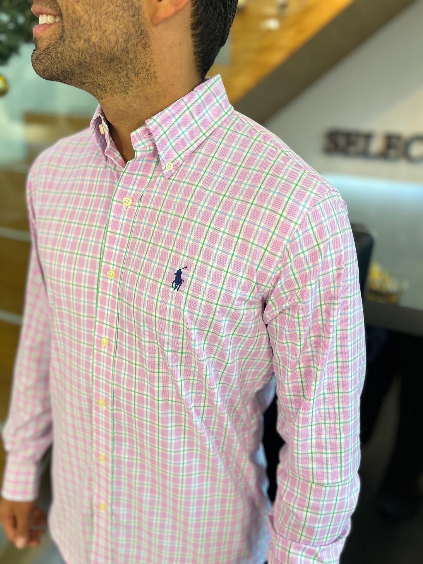 Camisa Polo R.L hombre Algodón Performance Cuadros Caballo Azul