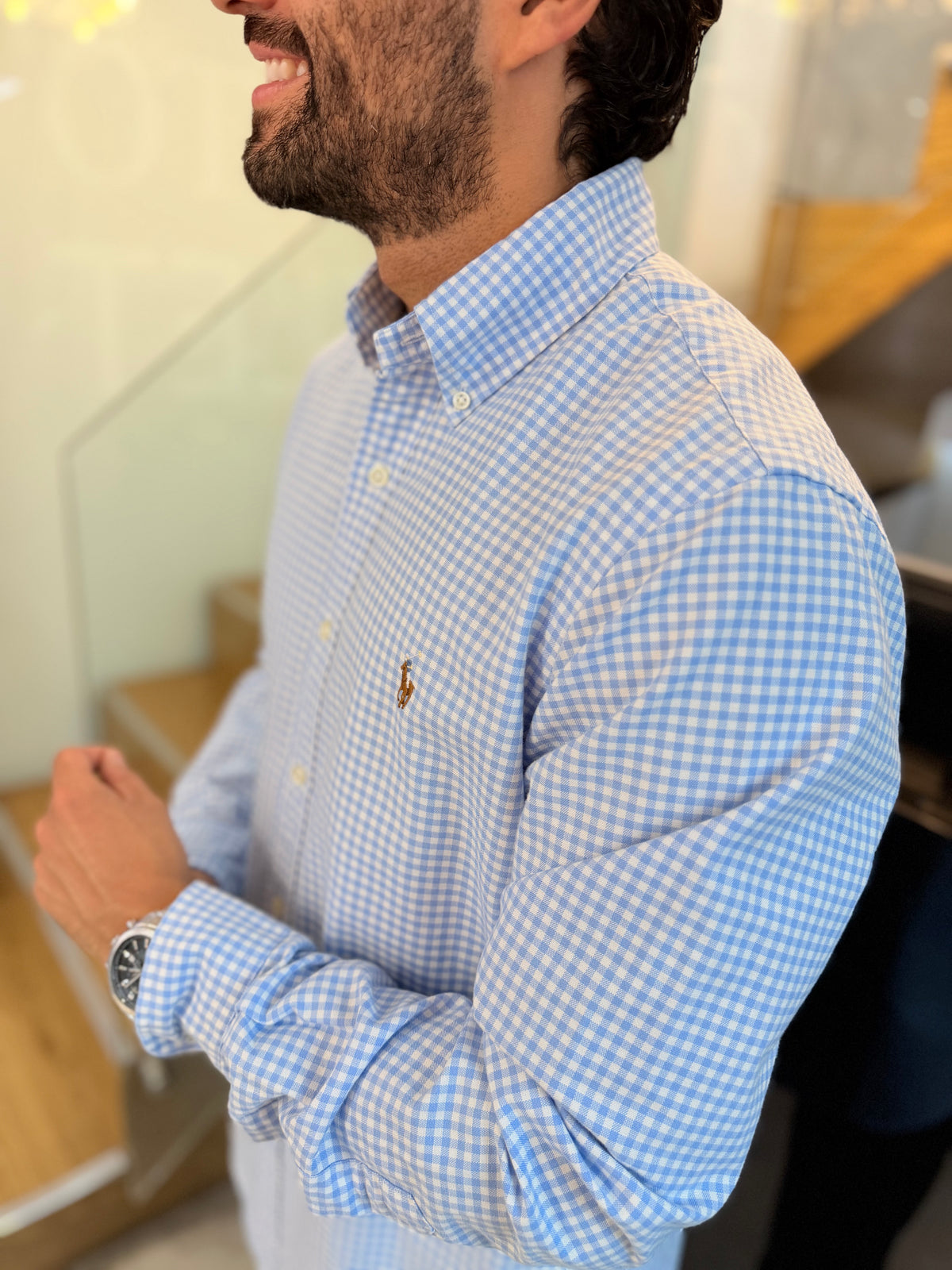Camisa Polo R.L hombre Oxford Cuadros Celestes con Blanco Caballo Multicolor