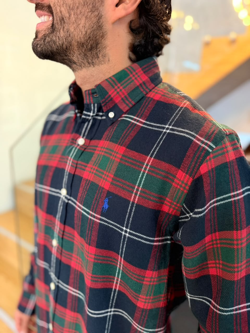 Camisa Polo R.L hombre Algodón Grueso Cuadros Rojos Con Verde Caballo Azul