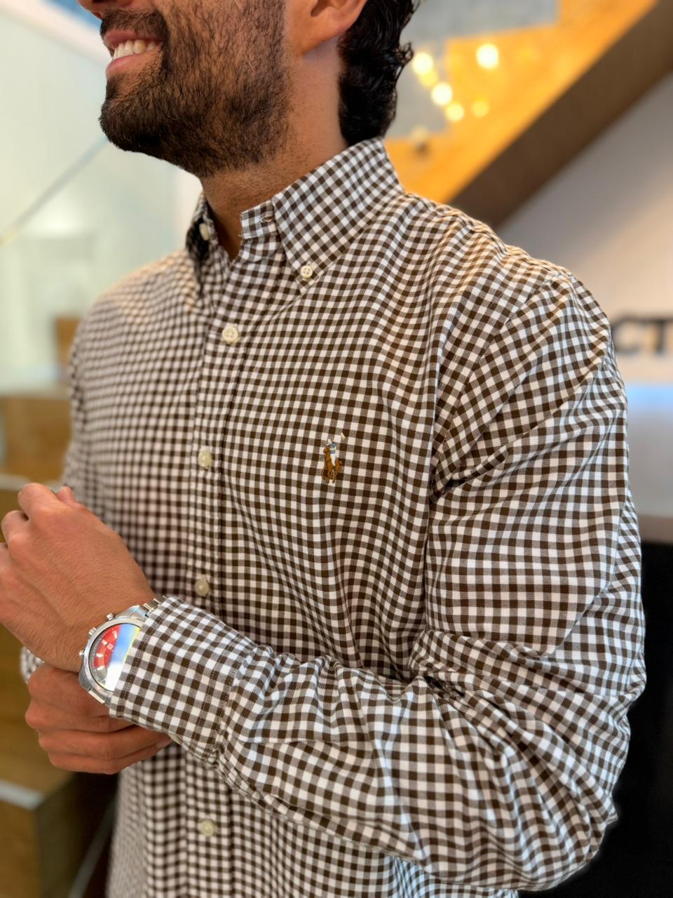 Camisa Polo R.L hombre Oxford Cuadros Cafés Caballo multicolor