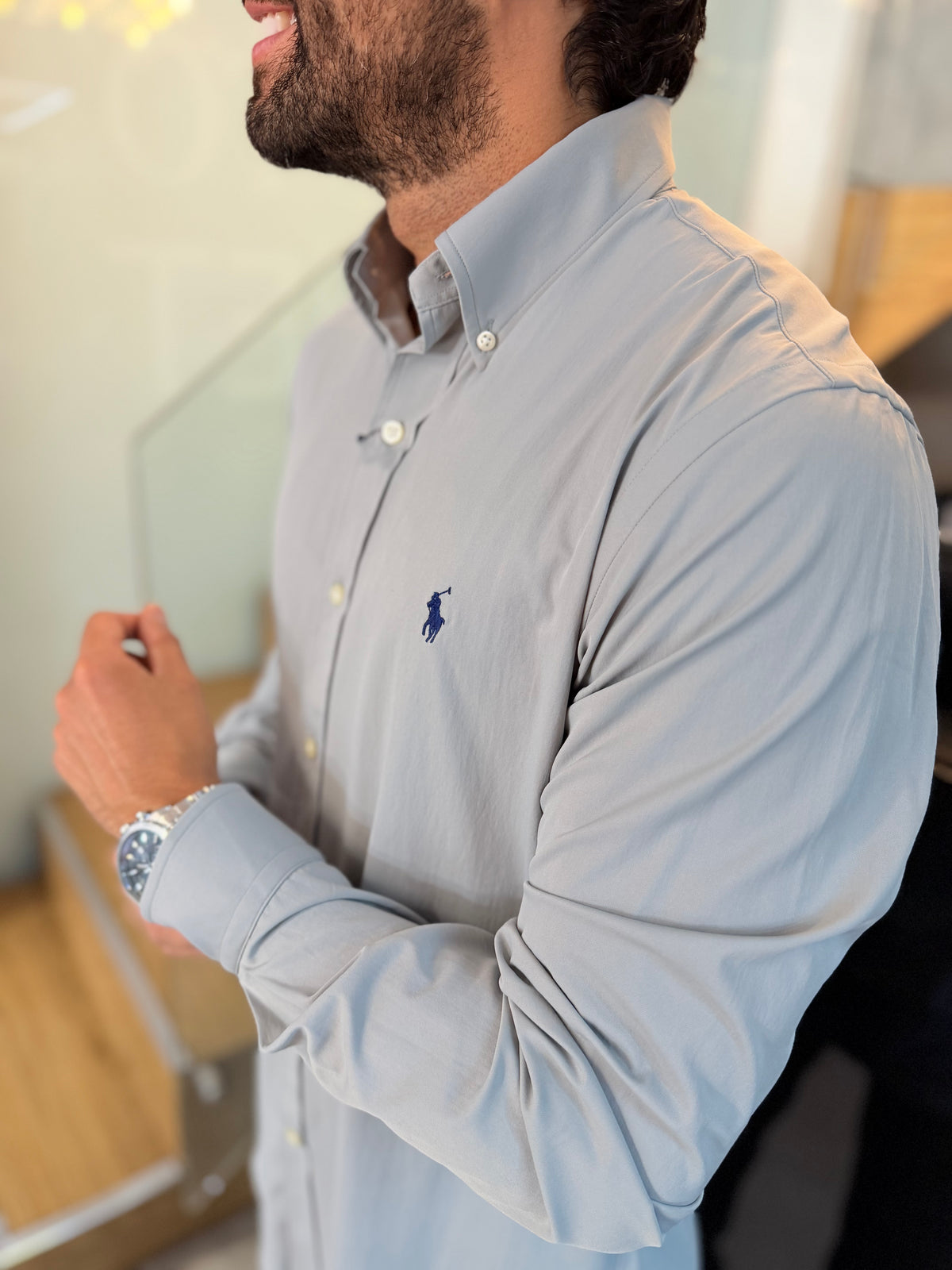 Camisa Polo R.L hombre Performance Gris Caballo Azul