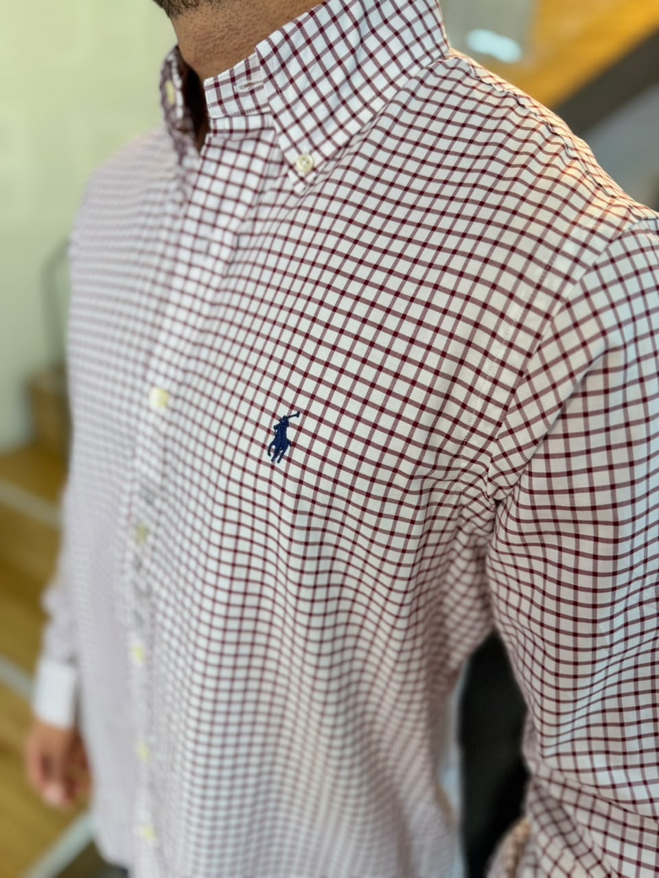 Camisa Polo R.L hombre Algodón Cuadros Blancos Con Vino Tinto Caballo Azul