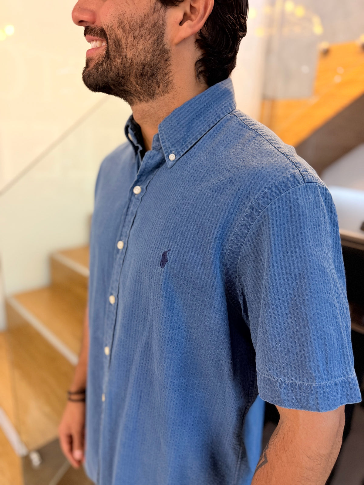 Camisa Polo R.L hombre Manga Corta Galleta Azul Caballo Azul