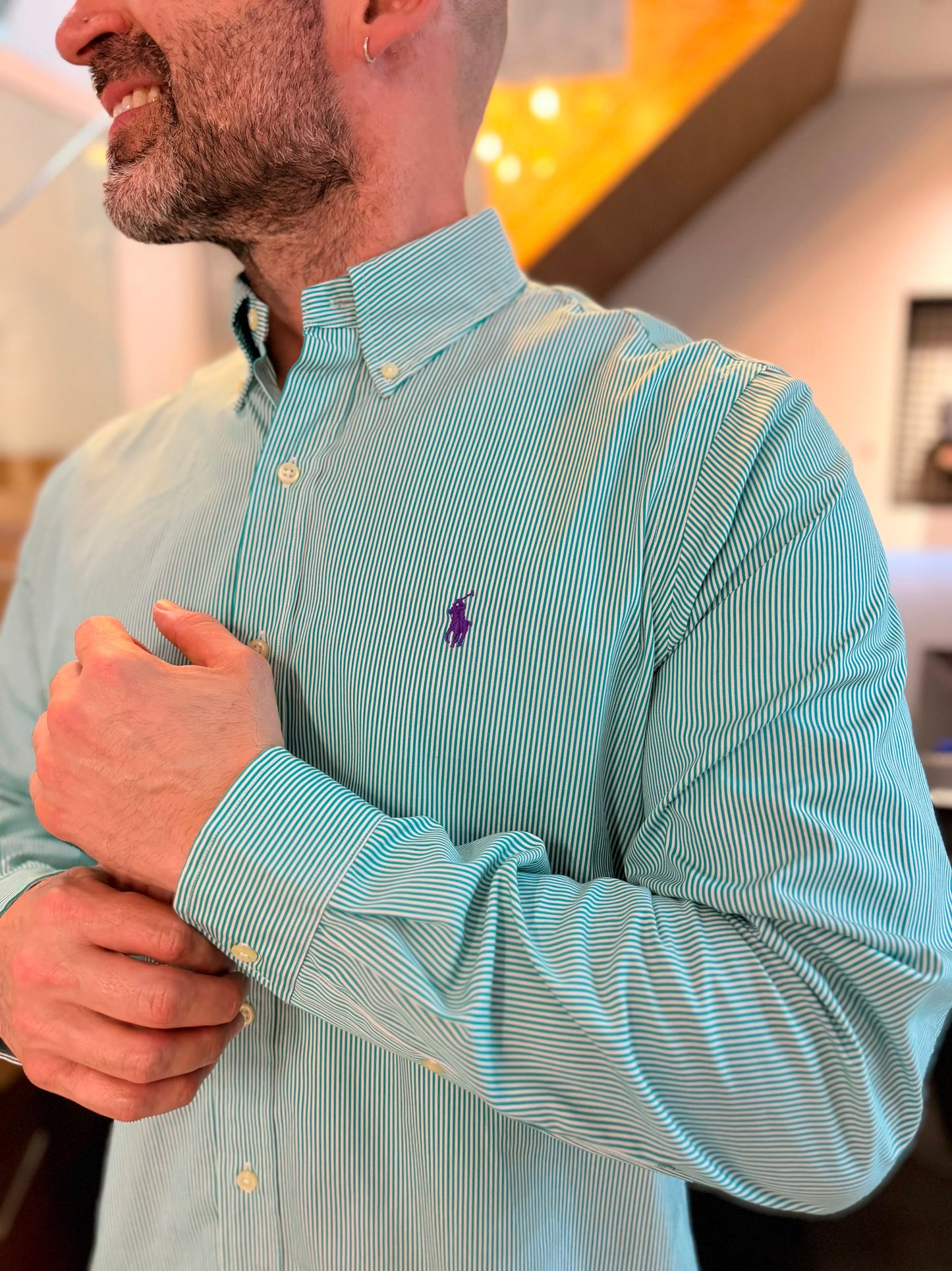 Camisa Polo R.L hombre Algodón Rayas Agua Marina Caballo Morado