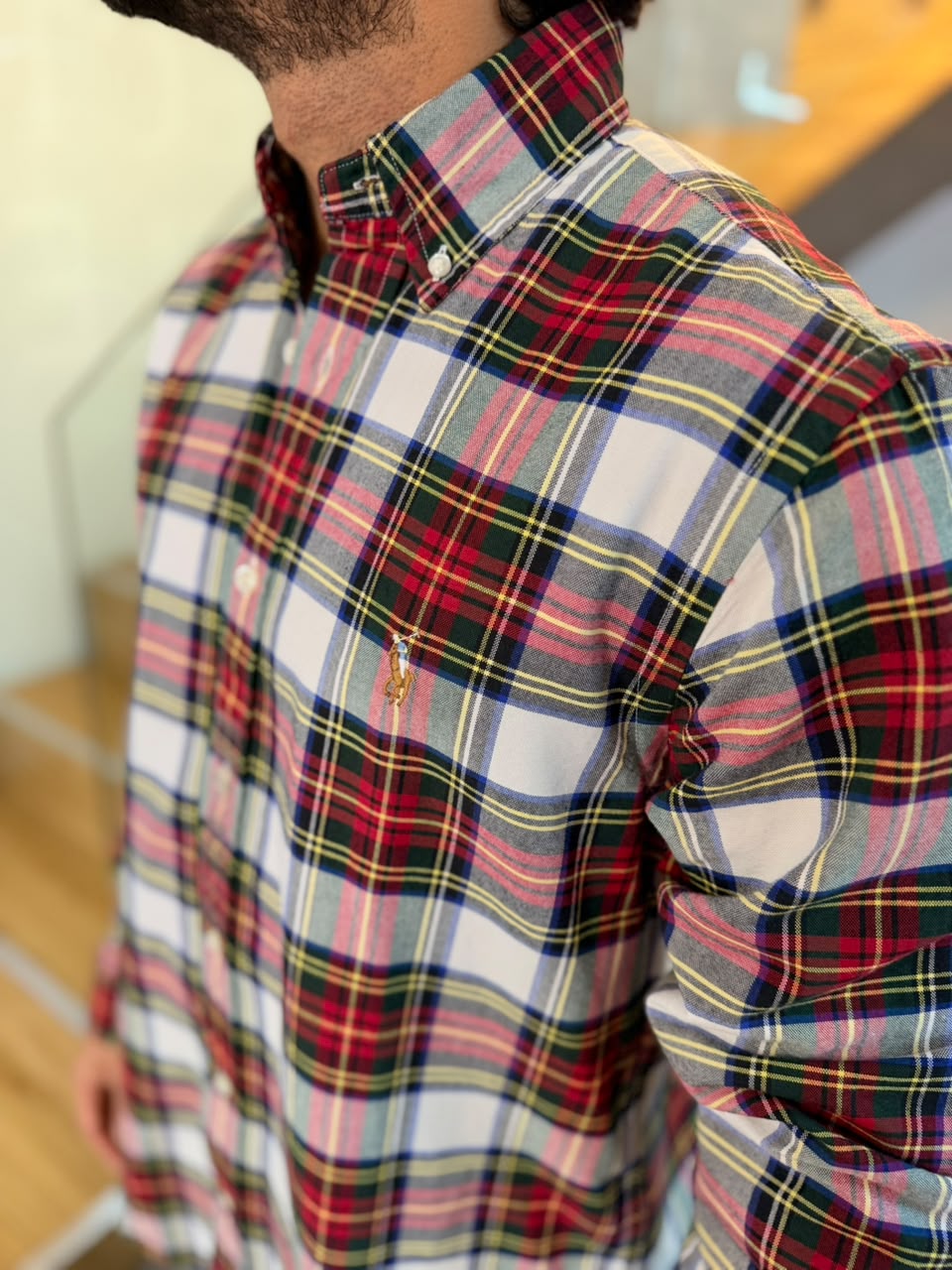 Camisa Polo R.L hombre Oxford Cuadros Rojos Con Blanco Caballo Multicolor