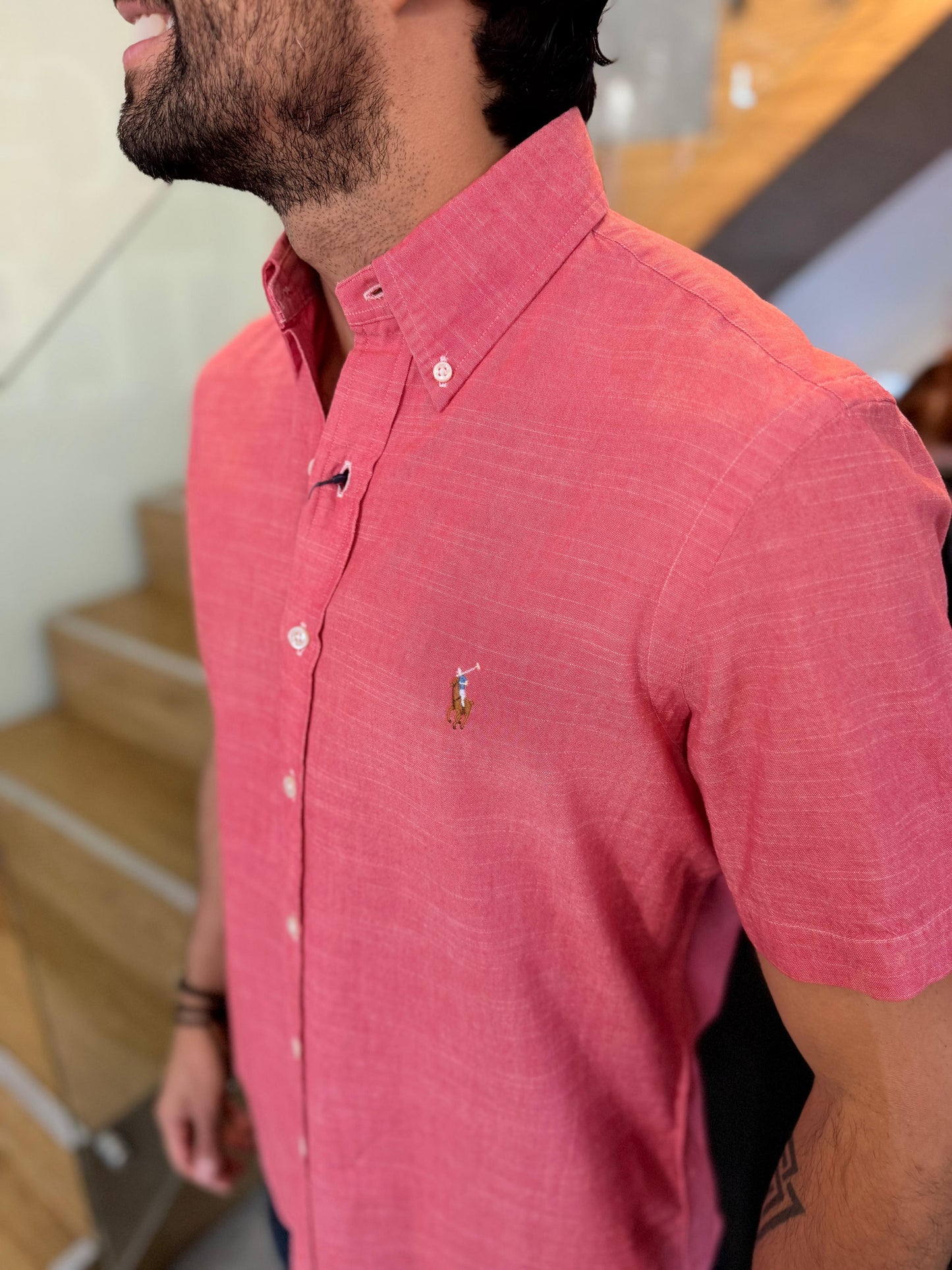 Camisa Polo R.L hombre Manga Corta Lino Coral Caballo Multicolor