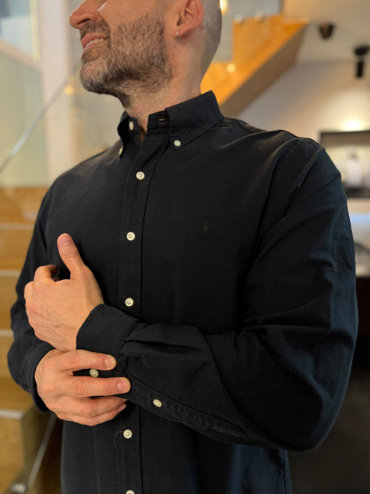 Camisa Polo R.L hombre Oxford Negra Caballo negro