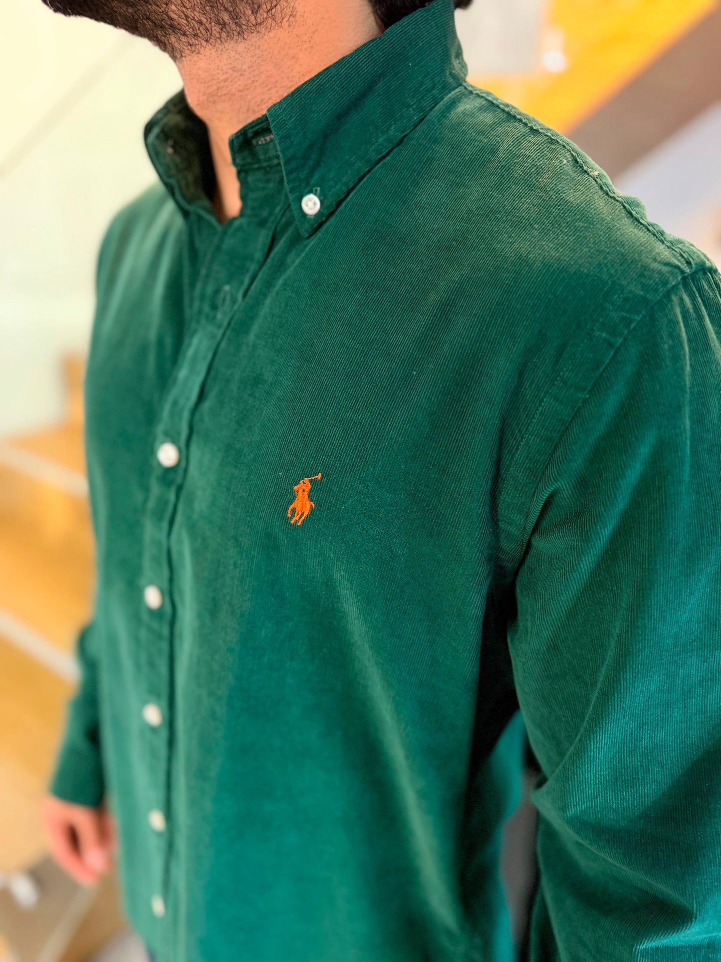 Camisa Polo R.L hombre Pana Verde Militar Caballo Naranja