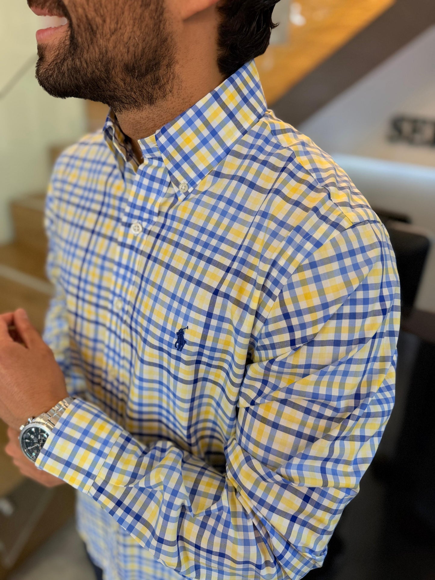 Camisa Polo R.L hombre Algodón Cuadros Amarillos Con Azul Caballo Azul