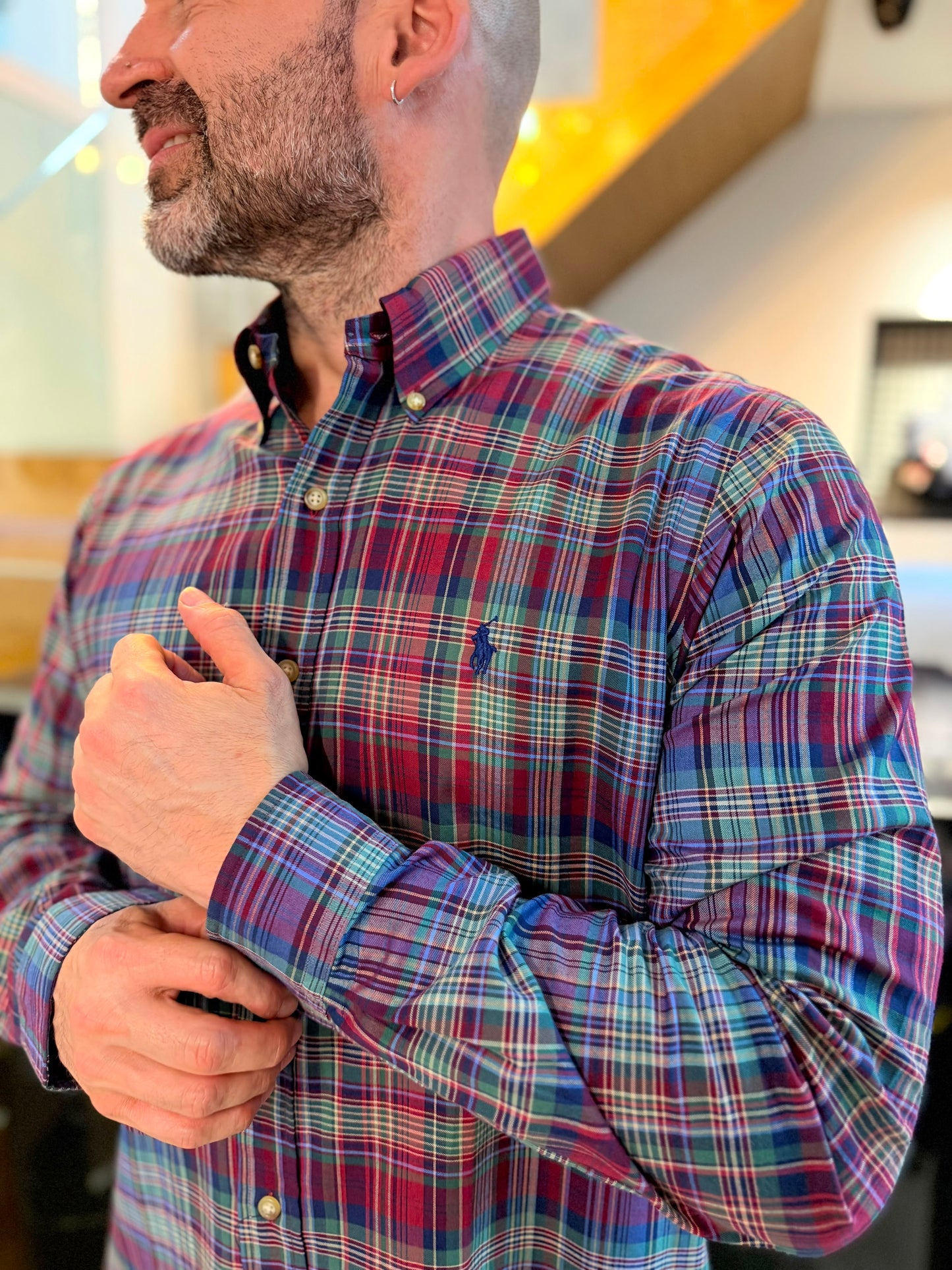 Camisa Polo R.L hombre Algodón Cuadros Morados Con Verde Caballo Azul