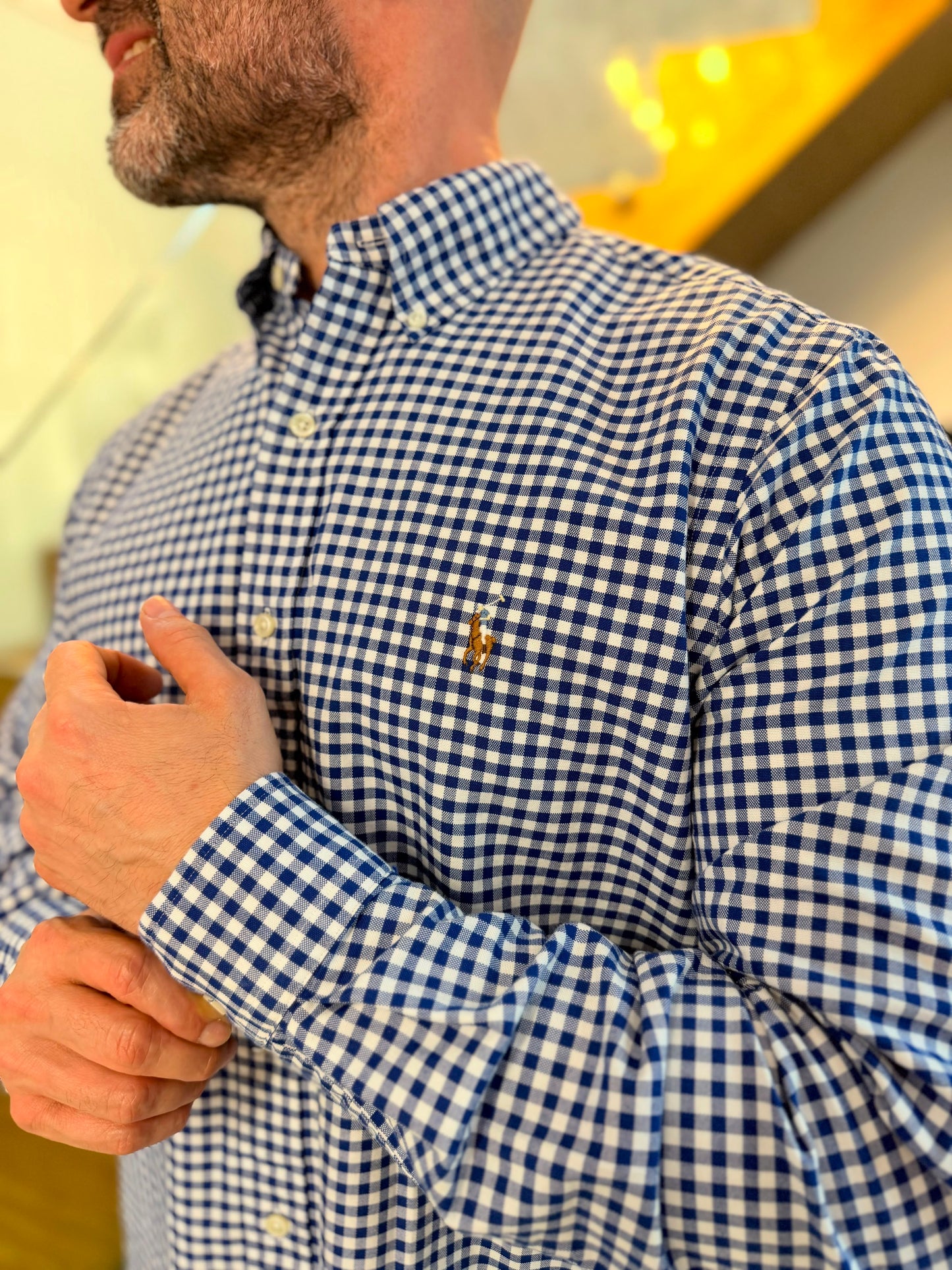 Camisa Polo R.L hombre Oxford Cuadros Azules Con Blanco Caballo Multicolor