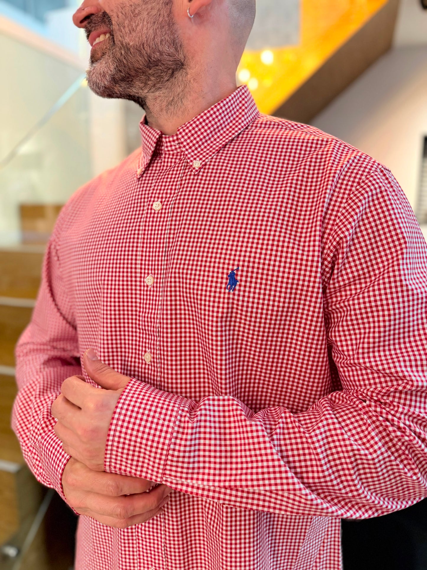 Camisa Polo R.L hombre Algodón Custom Fit Cuadros Rojos Con Blanco Caballo Azul