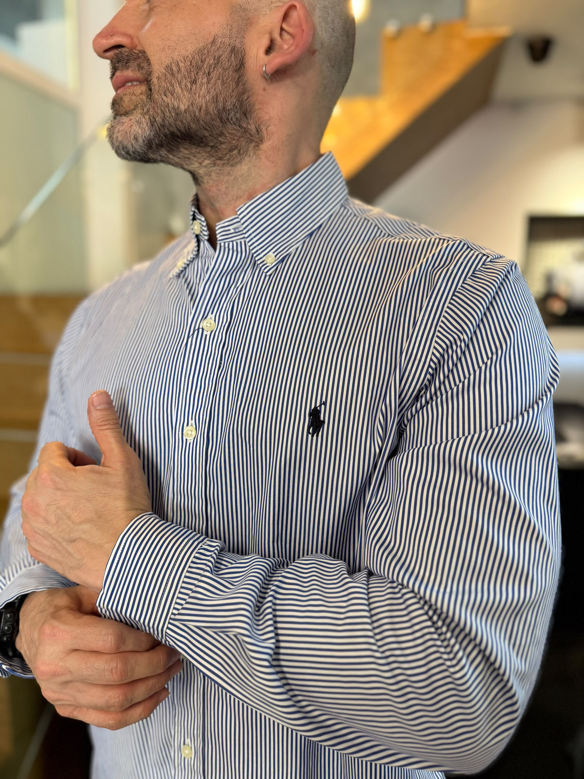 Camisa Polo R.L hombre Algodón Rayas Azul Oscuro Con Blanco Caballo Negro