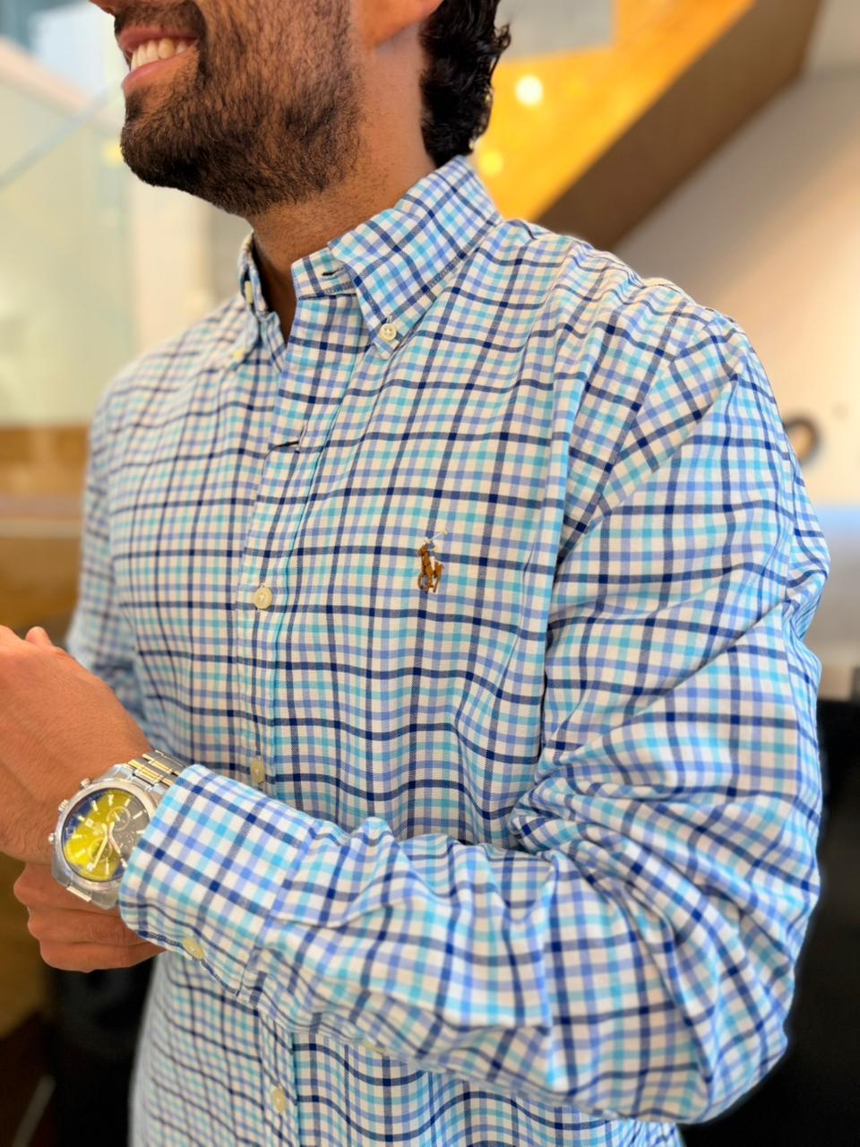 Camisa Polo R.L hombre Oxford Cuadros Azules Caballo multicolor