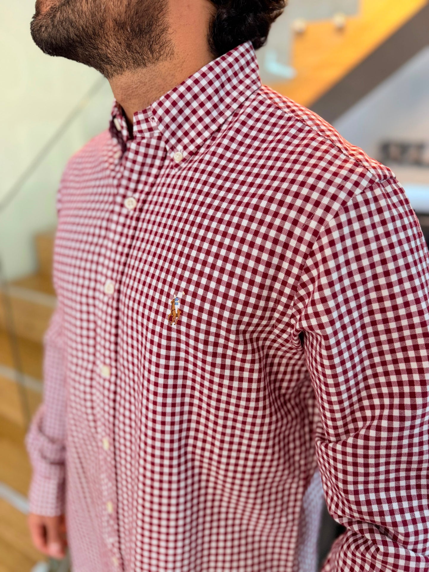 Camisa Polo R.L hombre Oxford Cuadros Rojos Con Blanco Caballo Multicolor