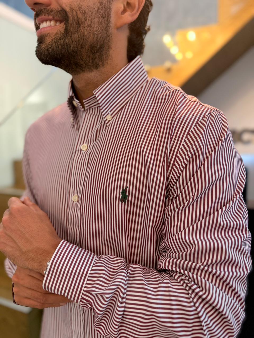 Camisa Polo R.L hombre Custom Fit Algodón Rayas Vinotinto Con Blanco Caballo Verde