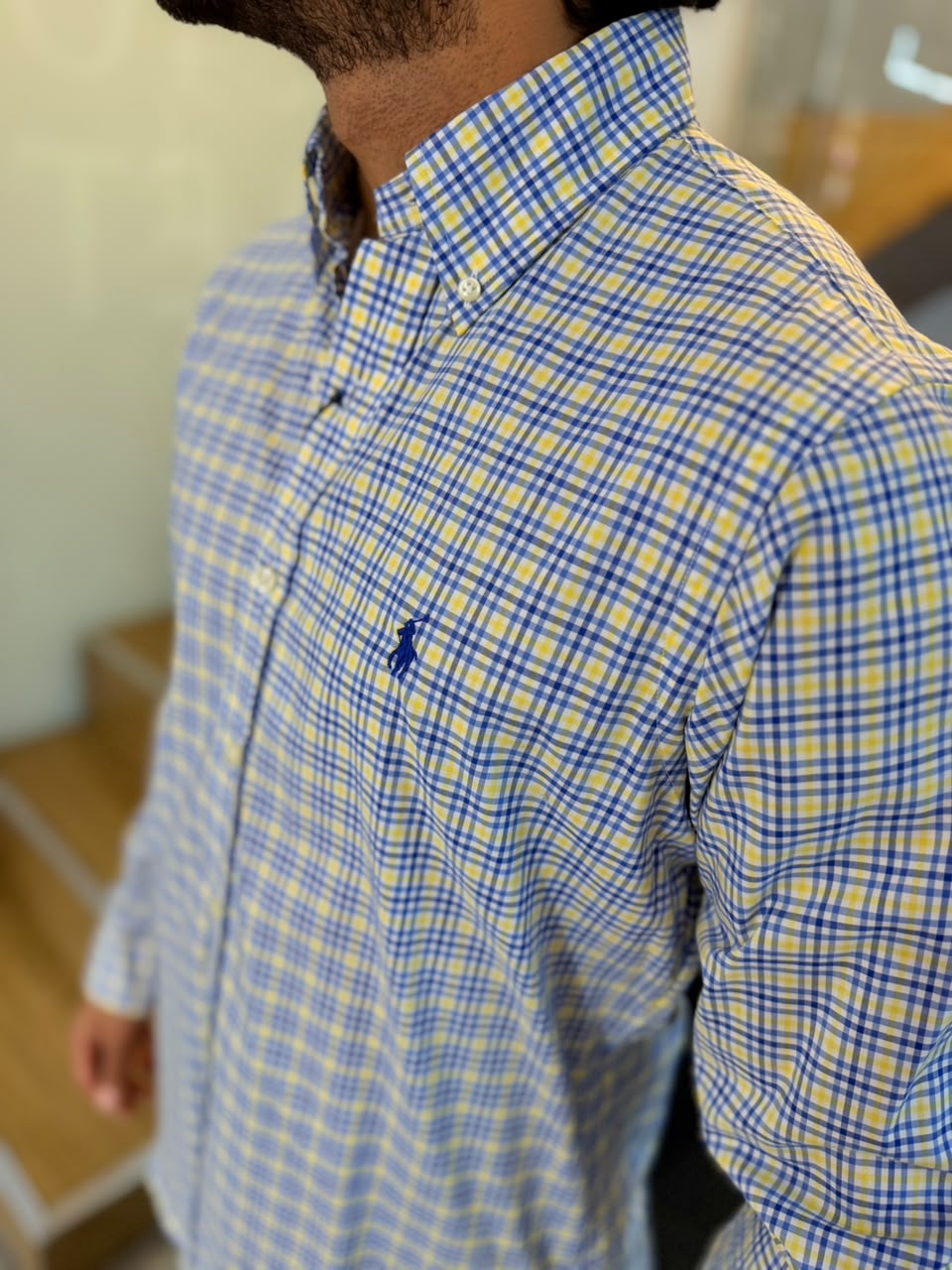Camisa Polo R.L hombre Algodón Cuadros Amarillos Con Azul Caballo Azul