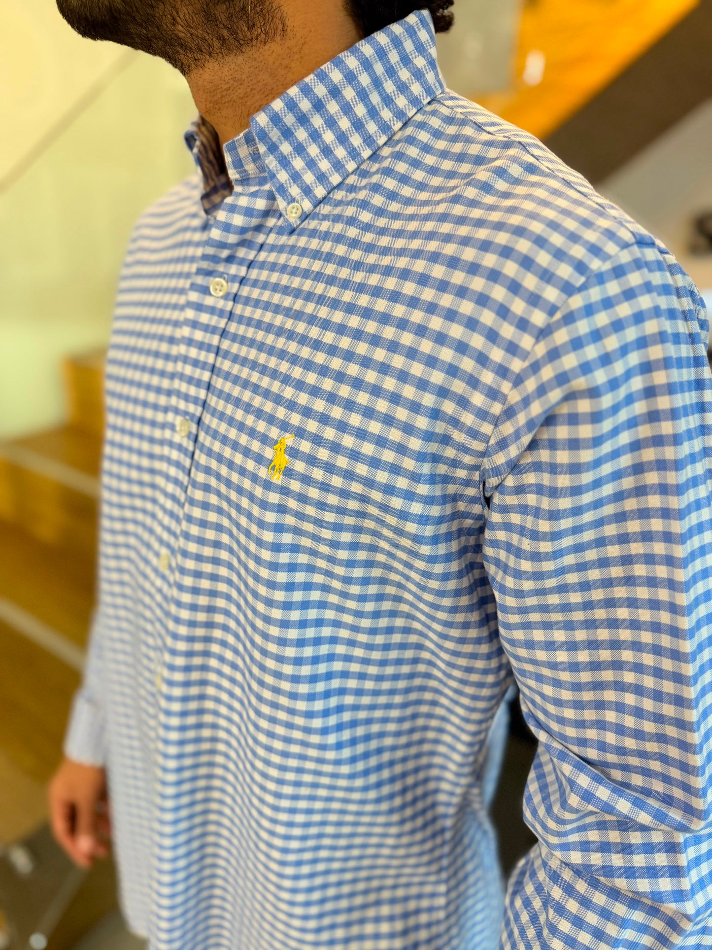 Camisa Polo R.L hombre Oxford Custom Fit Cuadros Celestes Con Blanco Caballo Amarillo