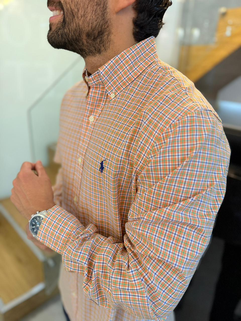 Camisa Polo R.L hombre Algodón Cuadros Naranjas Con Caballo Azul