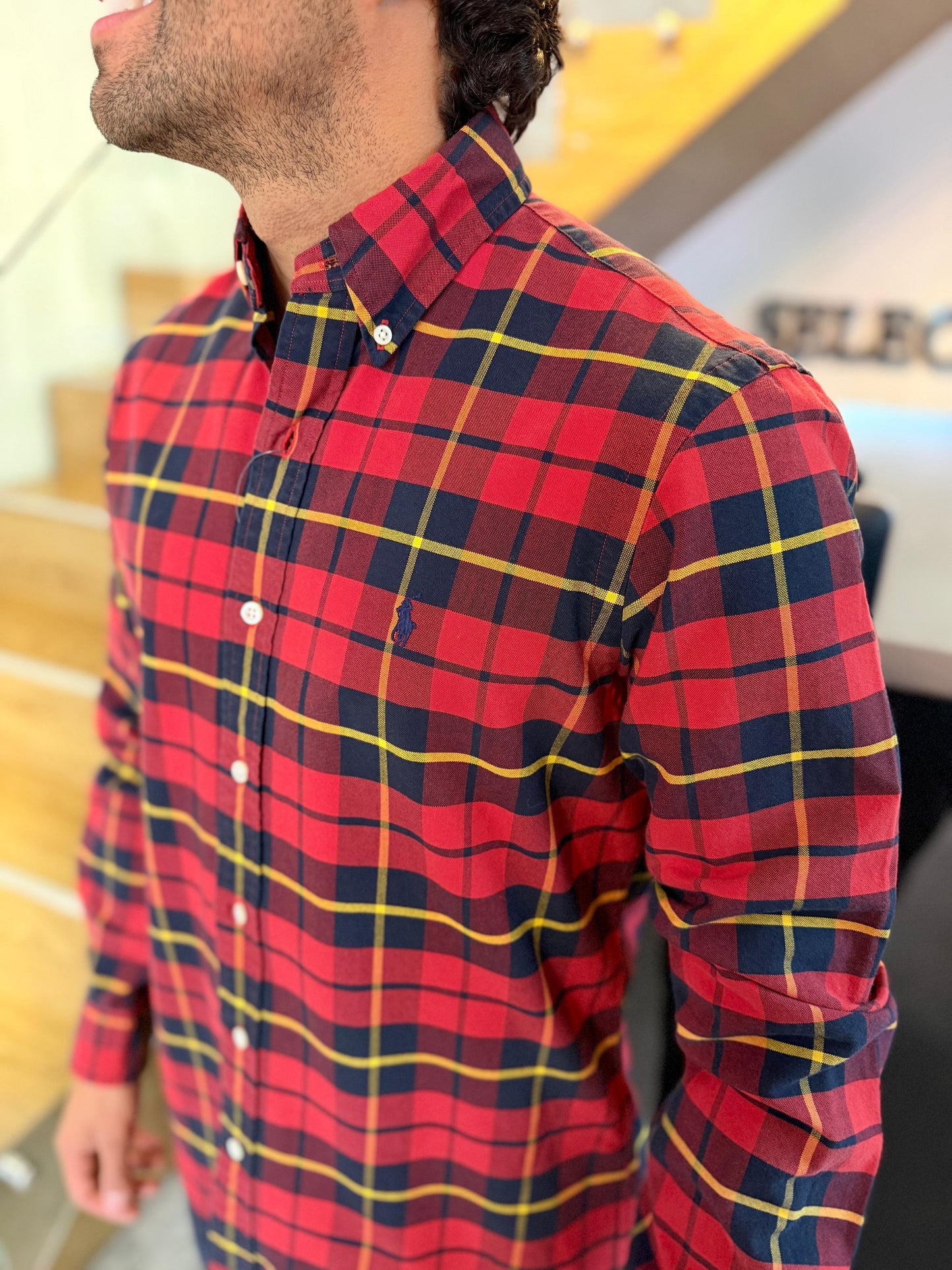 Camisa Polo R.L hombre Oxford Cuadros Rojos con Negro Caballo Azul