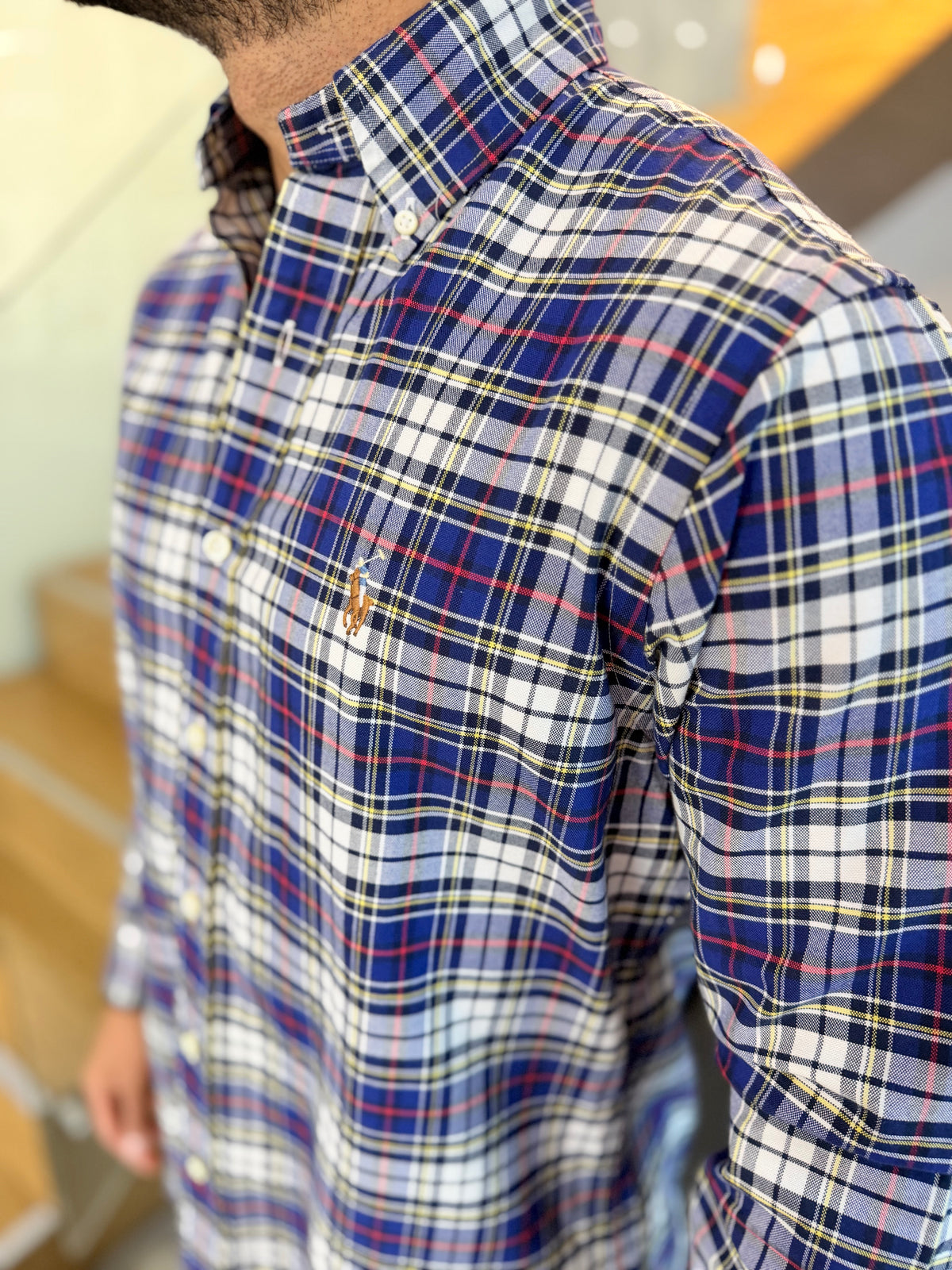 Camisa Polo R.L hombre Oxford Cuadros Azules Con Blanco Caballo Multicolor